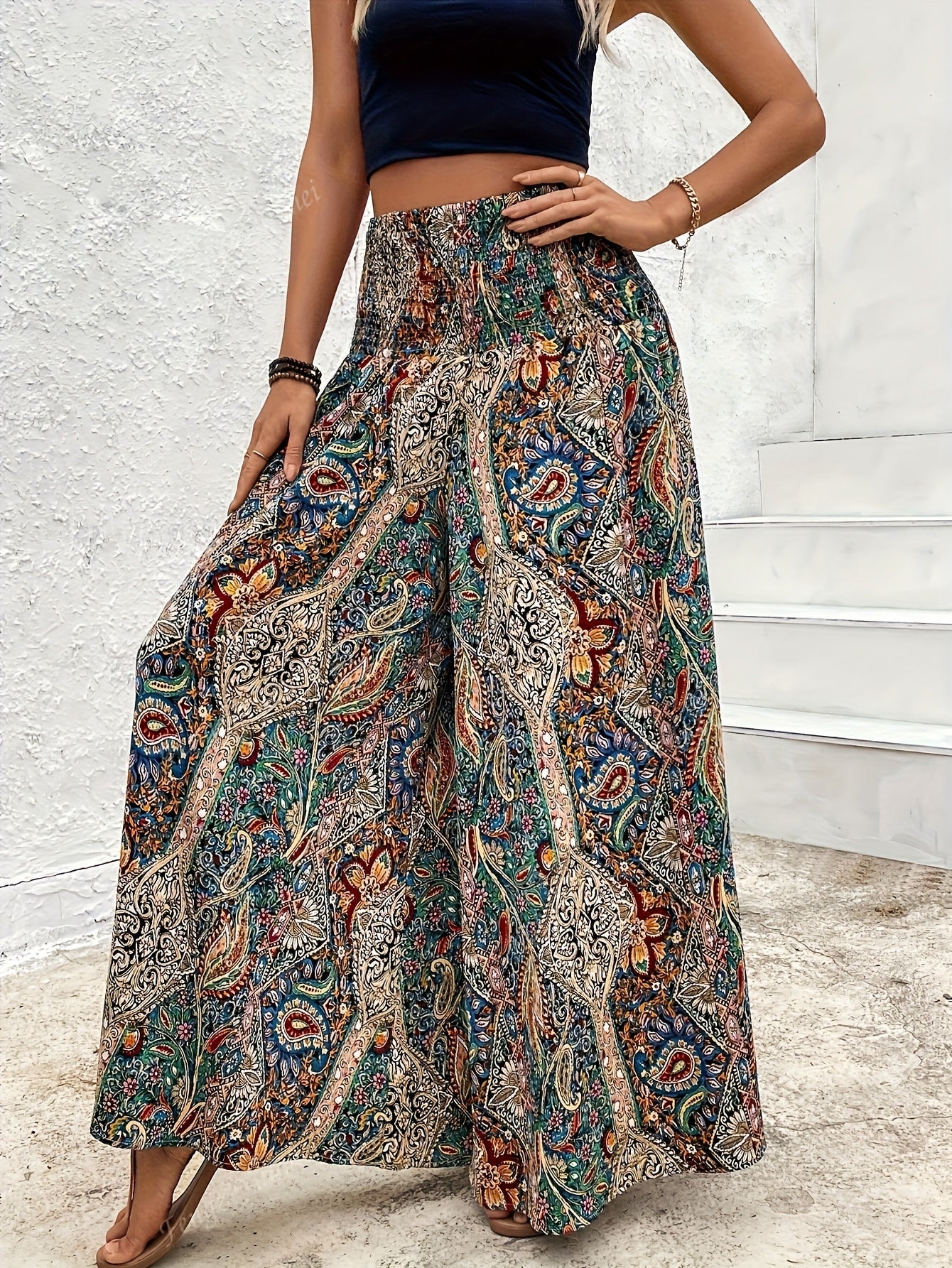 Women's Elegant Paisley Wide-Leg Trousers - High-Waisted Bohemian Pants with Smock Waist & , All-Season Non-Stretch Tailored Fit (Hand Washable) for Casual & Formal Wear - Scottish Tartan-Inspired Design