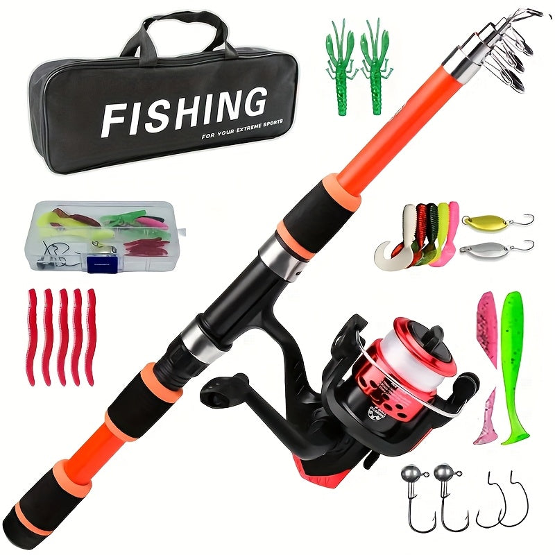 Portable Telescopic Fishing Rod with a Rotating Reel And Bait Hooks for Travel, Complete Rod Kit with Bait Tackle Set And Hook Storage Bag, Soft Bait T-Tail Pre-Wound Reel Set, Packed in a Suitcase.