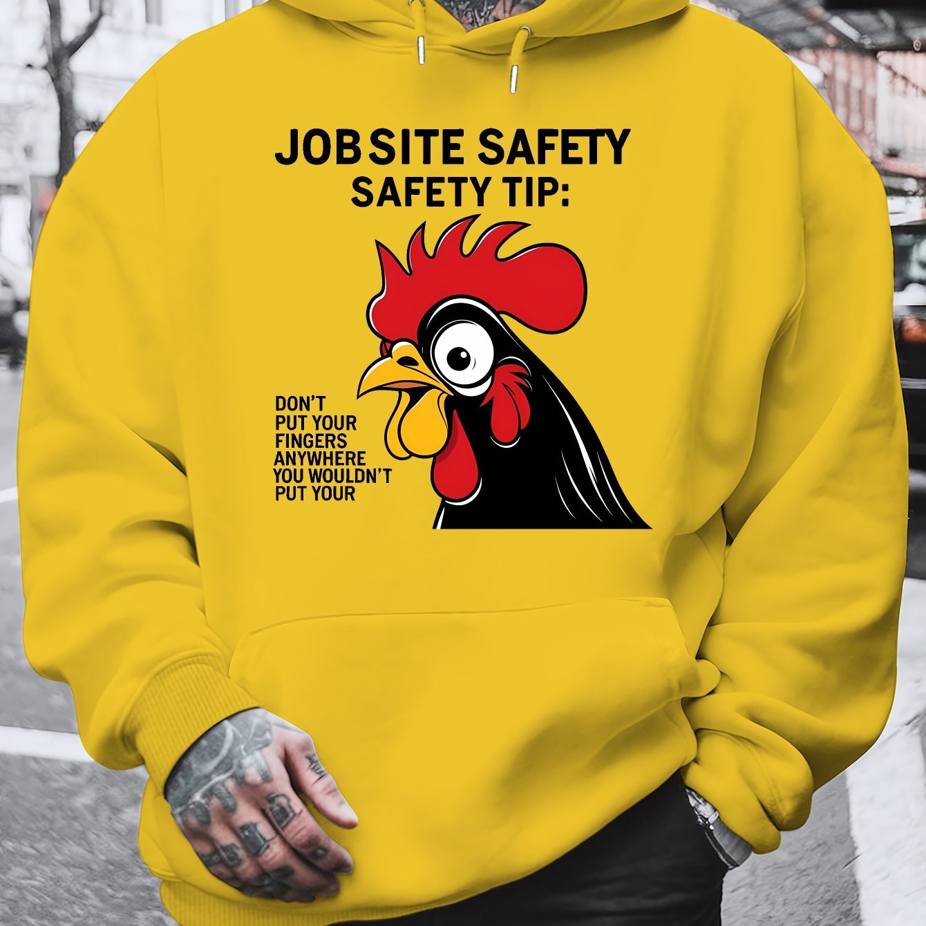 Men'S Plus Size Hoodie - "Jobsite Safety" Safety Tip Graphic with Rooster, Black with White Text, Casual Plush Pullover for Fall & Winter, Dalian Hat Fashion Brand, Fall Winter Apparel | Playful Graphic Hoodie | Plush Polyest