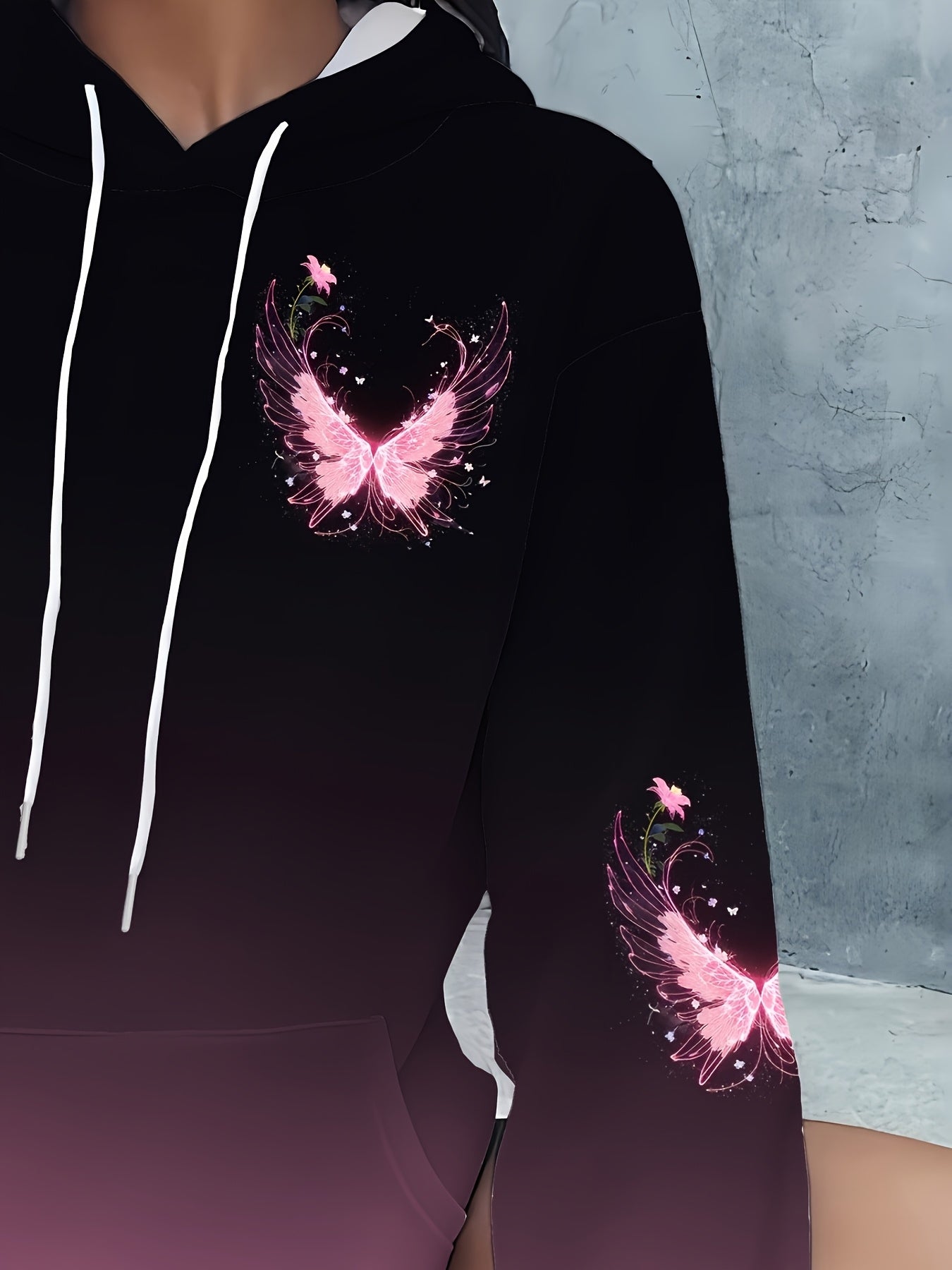 Sweet and cool dreamy style gradient pink butterfly print hooded sweatshirt for women, casual and versatile top for autumn and winter, 100% polyester | Machine washable