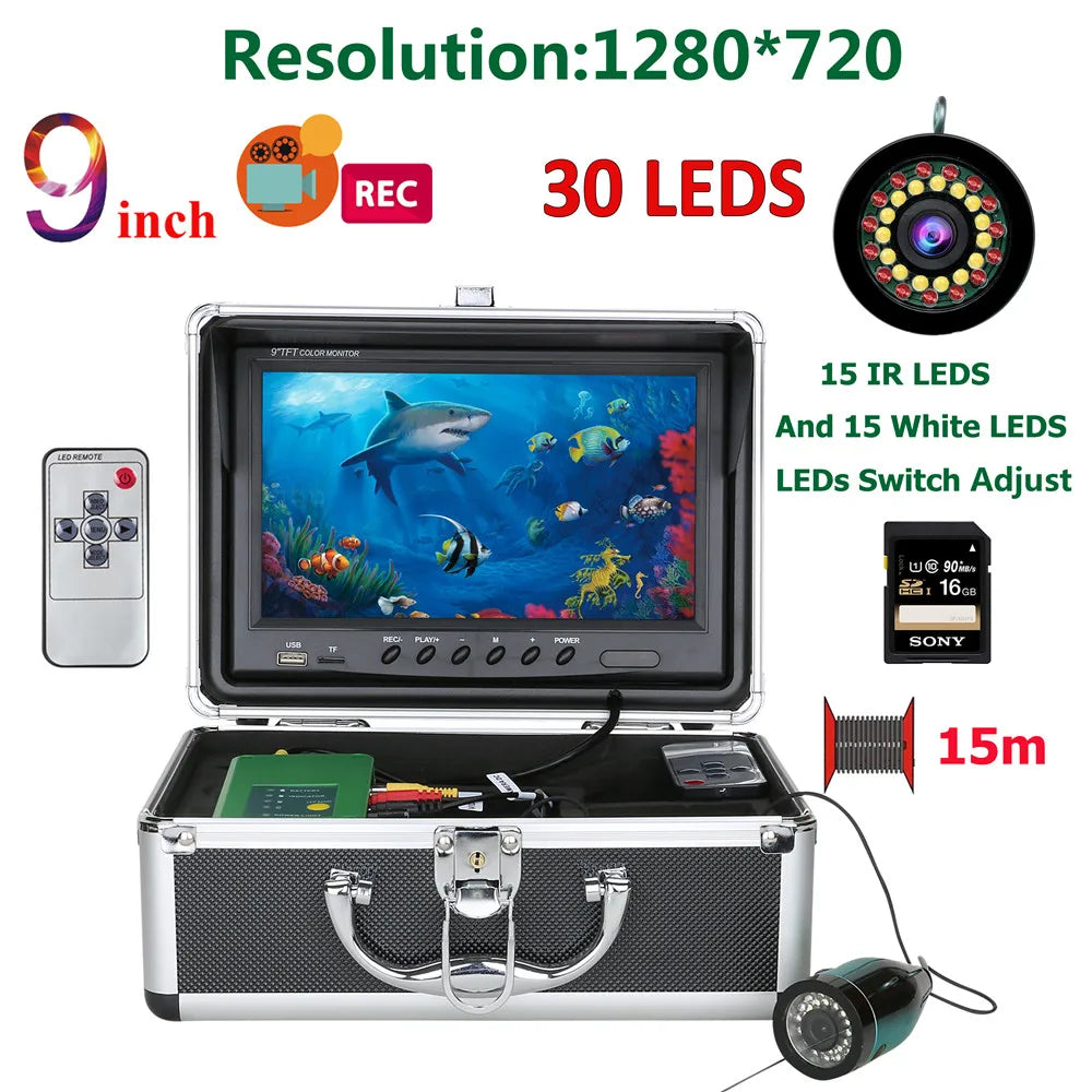 MAOTEWANG 9''HD 1080P Screen Fish Finder Underwater Fishing Camera 15pcs White LEDs +15pcs IR Lamp for River/Winter Ice Fishing