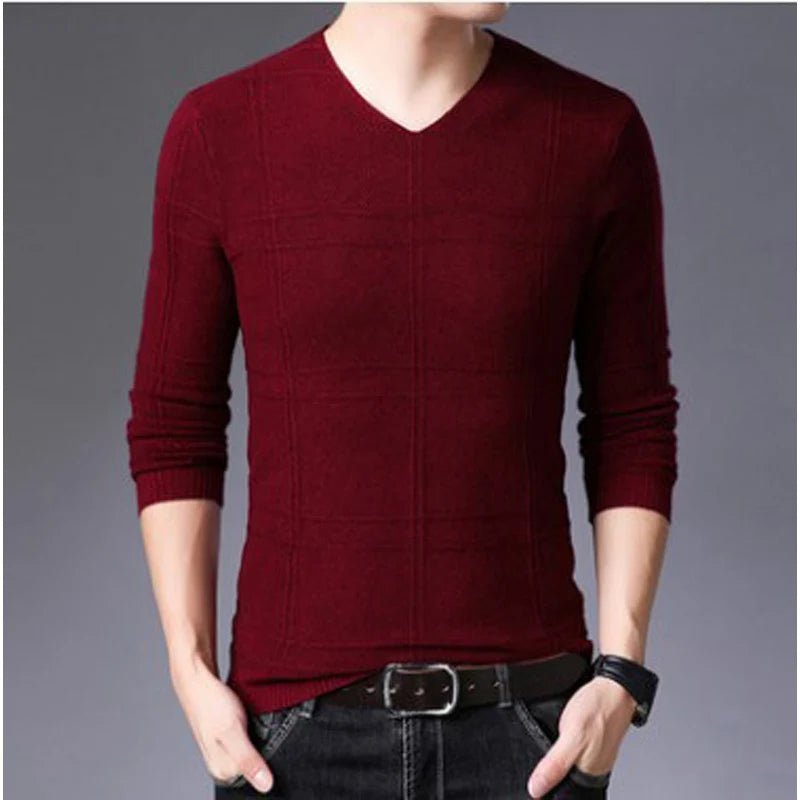 BROWON 2026 New Mens Clothes Spring Autumn Solid Color Casual V-Neck Sweaters Korean Fashion Slim Fit Long-Sleeved Sweater Men