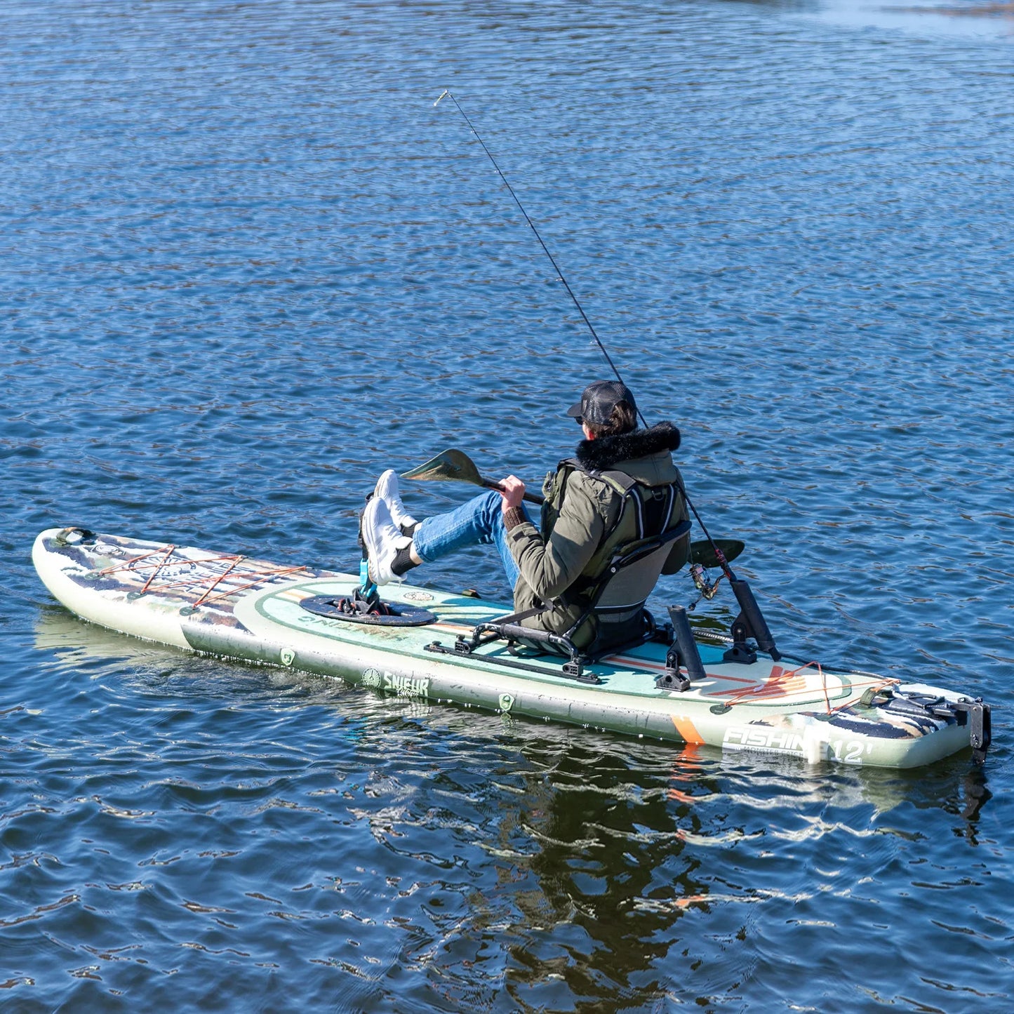 12ft Inflatable Fishing SUP Board Drop Stitch PVC With Pedal Drive Rod Holder Seat Adult Lake River Ocean Outdoor Water Sports