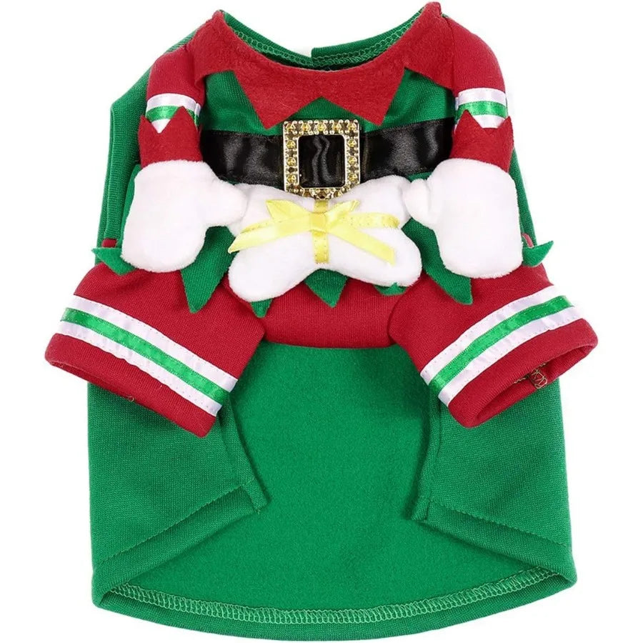 Dog Cat Christmas Elf Costume with Hat Pet Christmas Winter Fleece Coat Clothes Puppy Xmas Outfit Apparel