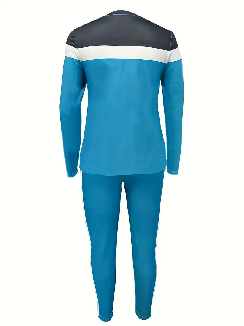 Plus Size Women's Casual Suit, Fashionable Letter Print Striped Color-Blocked Two-Piece Set