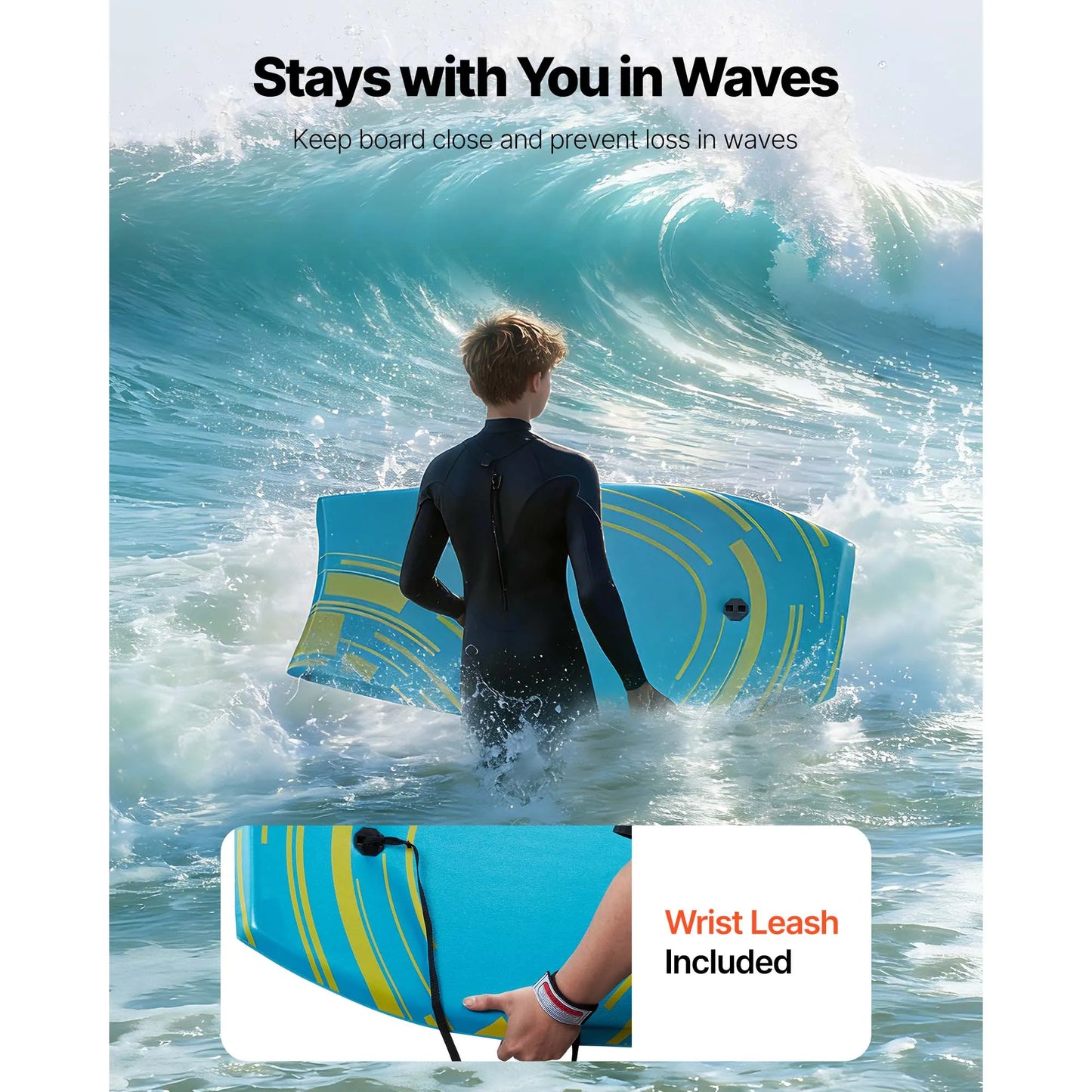 SucceBuy 42-Inch Bodyboard Body Board Trainer with EPS Foam Core & Wrist Leash UV-Resistant for Beginners Youth Up to 180 lbs
