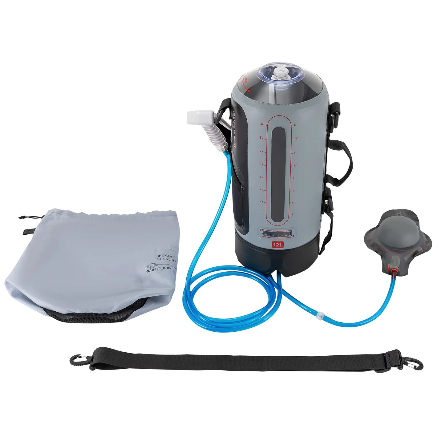 Camping Shower 12L Portable Pressure Camp Shower with Pump 3 Gallon Shower Head & Removable Hose for Trips, Bathing