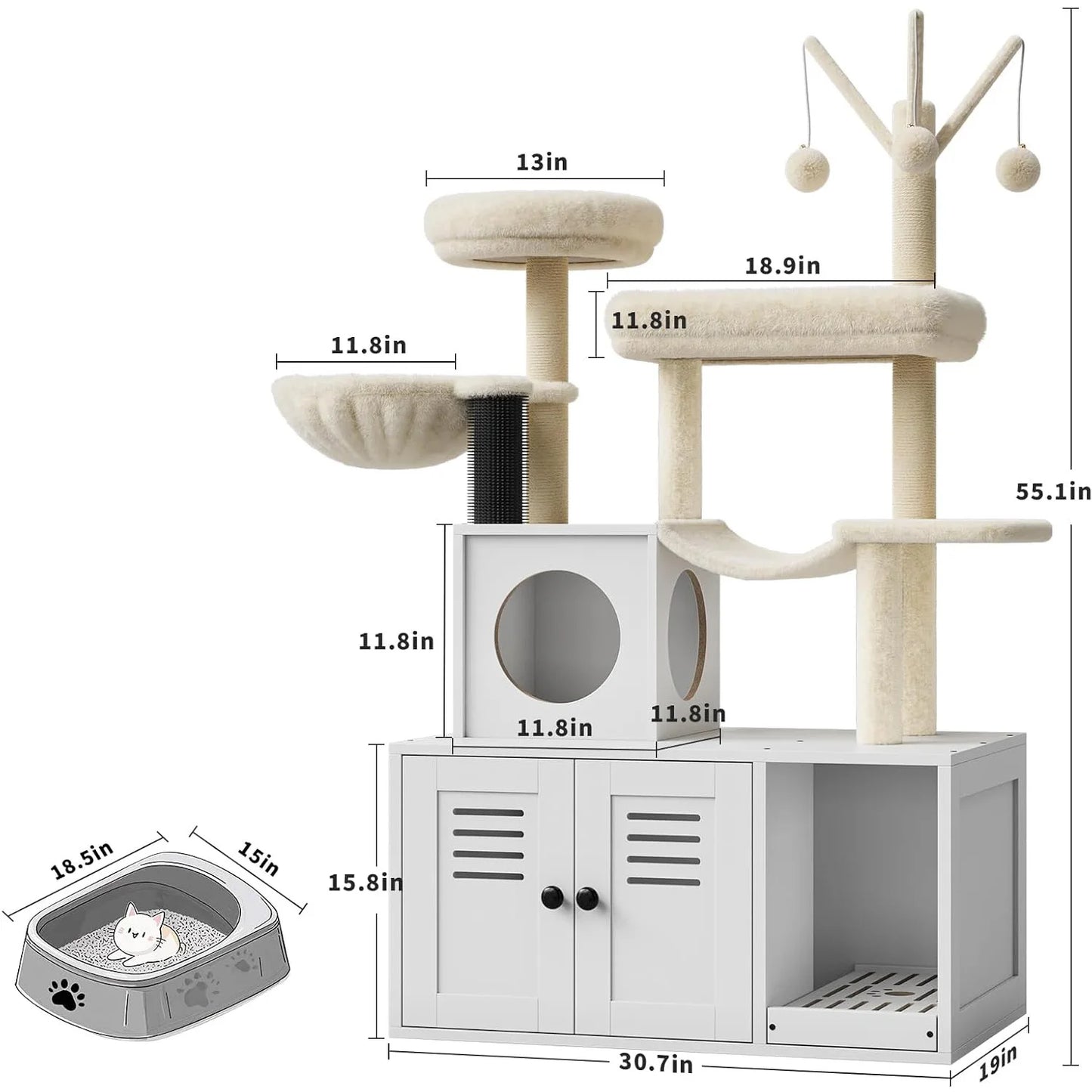3-in-1 Cat Litter Box Enclosure With Cat Tree Tower Hidden Washroom Furniture Sisal Scratching Post & Plush Perch