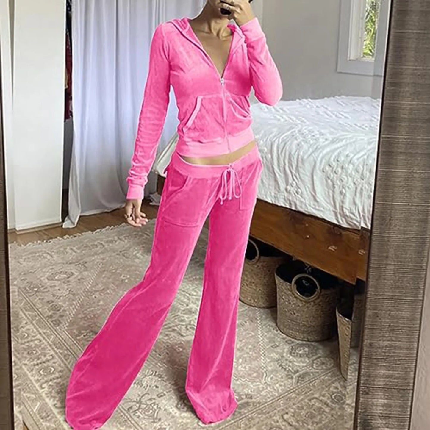 Women Velvet Jogging Suit Autumn Casual Velour Hoodie Cropped Top Jacket With Wide Leg Pants Tracksuits Women's Two Piece Set