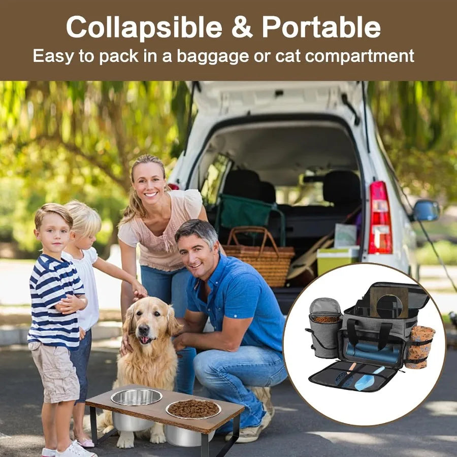 Elevated Dog Bowls for Small and Medium Dogs: Wooden Raised Bowl Stand with Two Stainless Steel Deep Food and Water Dishes Anti