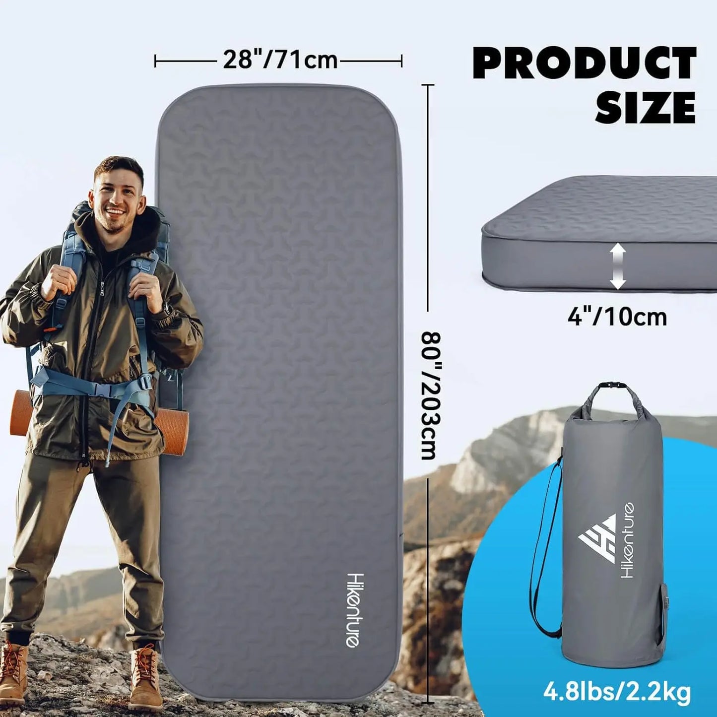 4" Thick Self Inflating Sleeping Pad,Foam & Air Camping Mattress,9.5 R-Value Insulated Sleeping Mat, Portable All Season Camping