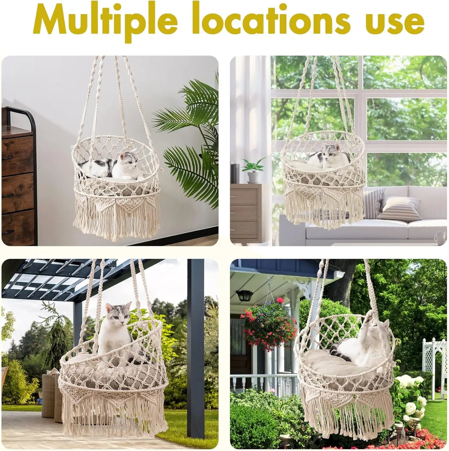 Mewoofun Macrame Cat Hammock Hanging Cat Bed Hammock Cat Swing Boho Cat Swing Bed for Sleeping Playing Climbing and Lounging