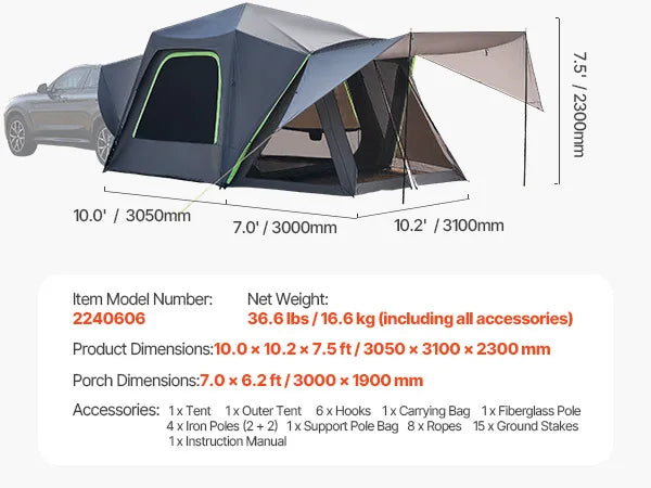 SucceBuy SUV Tent for Camping Waterproof PU2000mm Spacious Double Layer Design SUV Camping Tent with Shade Awning , Mesh Windows