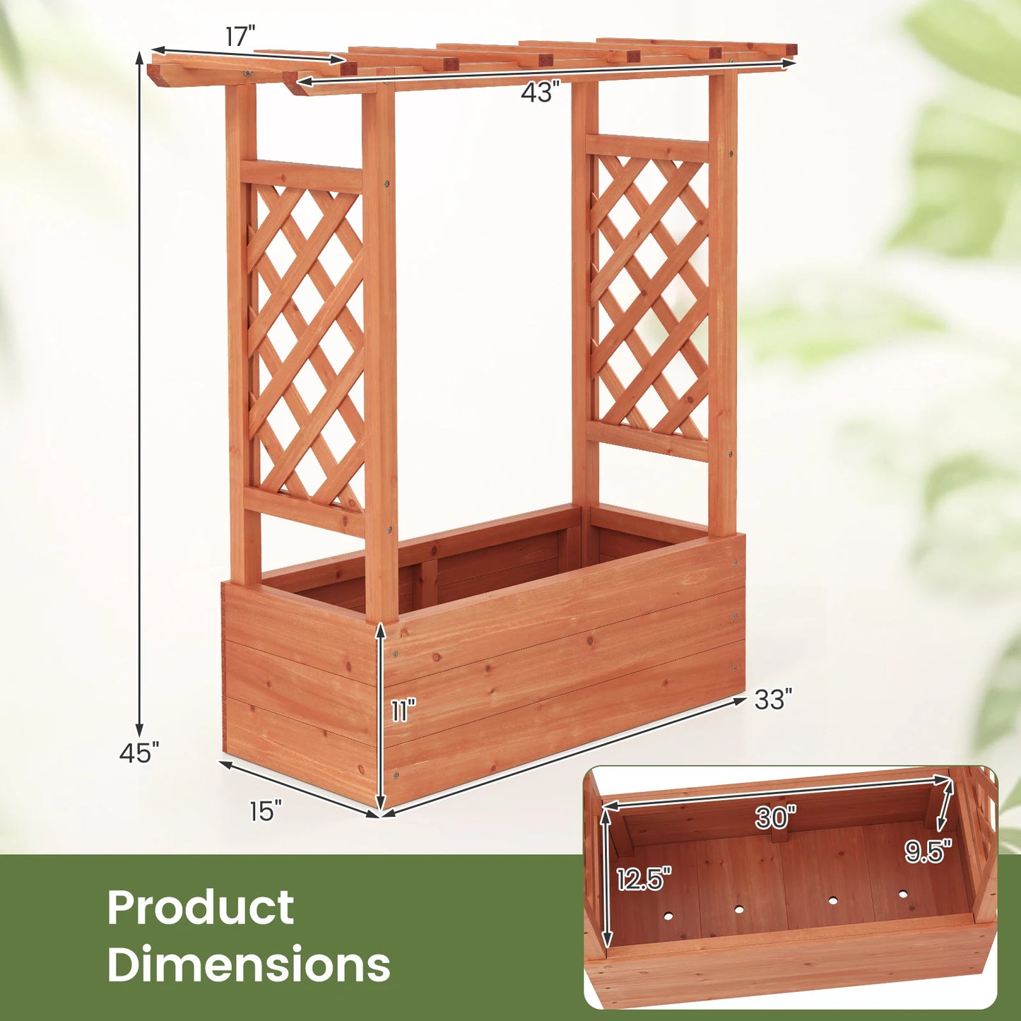 Wooden Raised Garden Bed w/Trellis & Hanging Roof Drainage Elevated Planter Box
