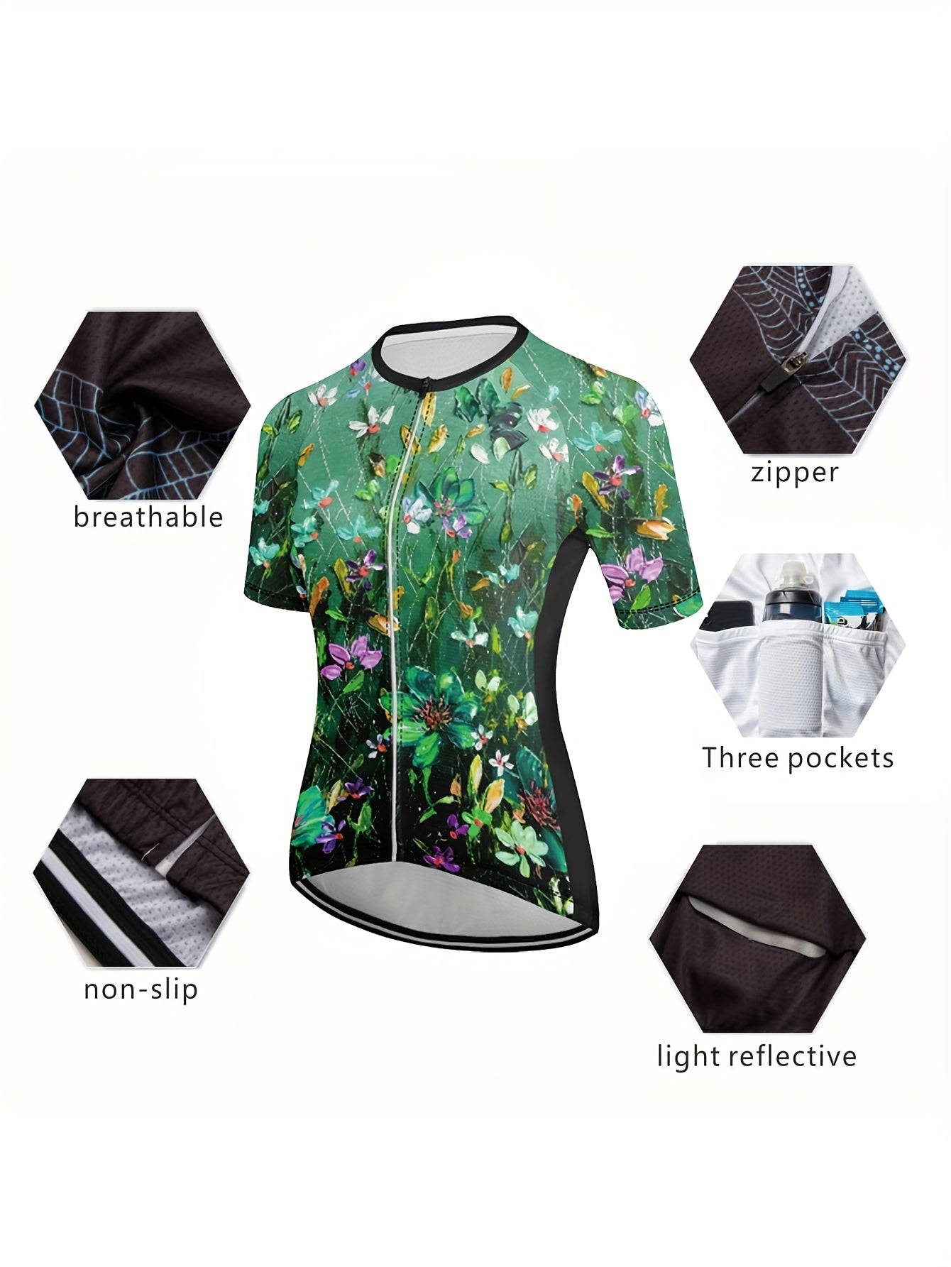 Women'S Floral Print Cycling Jersey, Short Sleeve Bike Top with 3 Rear Pockets, Breathable MTB Road Bike Jacket, Green 3D-Printed Design, Medium Stretch Fabric, Spring/Summer/Fall Sports Wear, Cycling Jacke