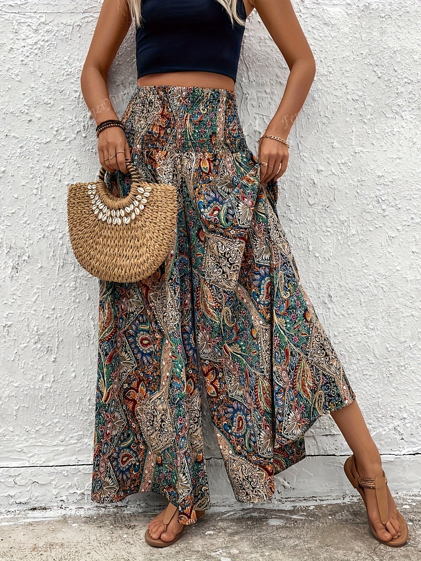 Women's Elegant Paisley Wide-Leg Trousers - High-Waisted Bohemian Pants with Smock Waist & , All-Season Non-Stretch Tailored Fit (Hand Washable) for Casual & Formal Wear - Scottish Tartan-Inspired Design