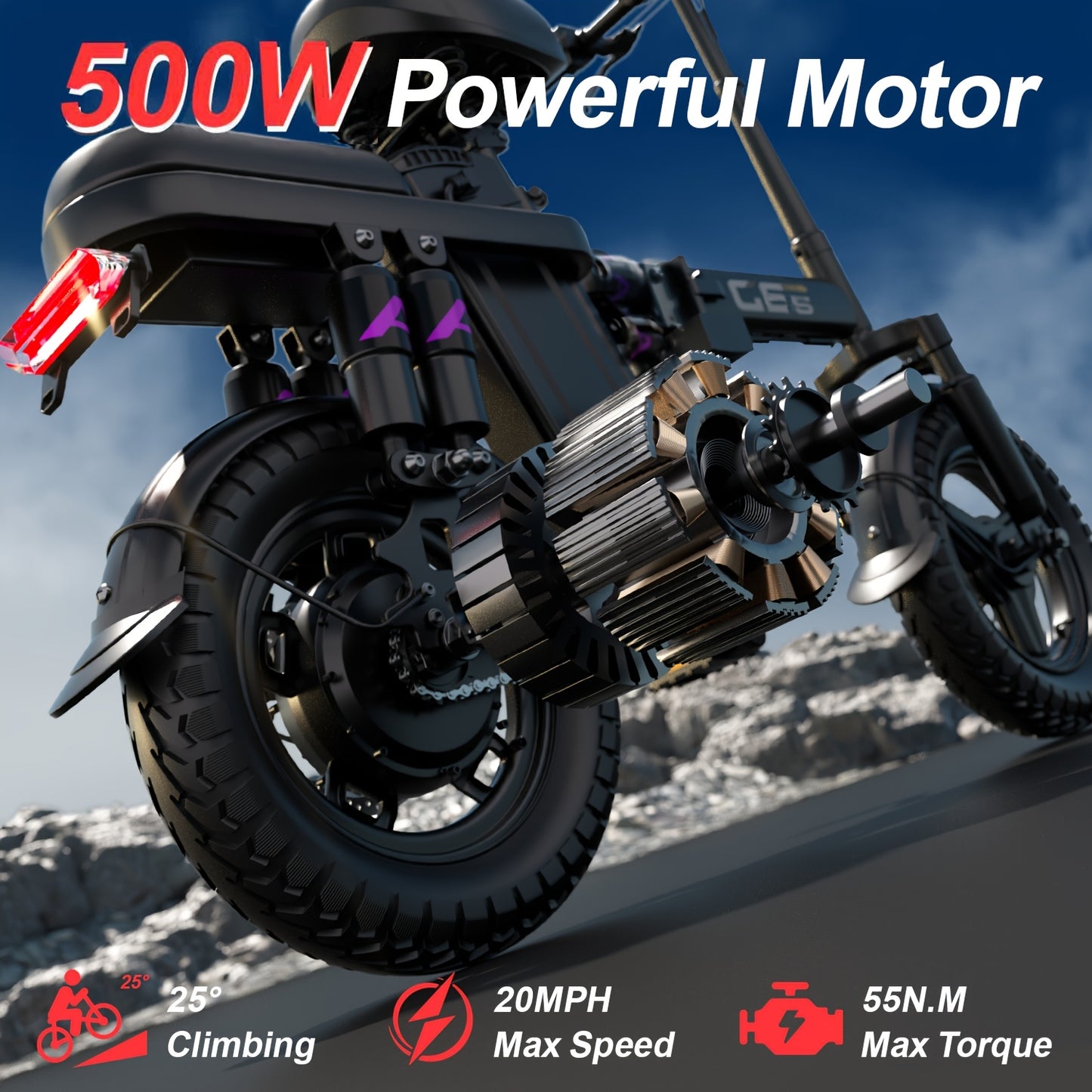 Uplee Peak Power 500W Electric Bicycle for Adults, 20MPH with Full Shock Absorption for a Comfortable Ride, Available with 48V8AH/10AH/15AH/17.5AH Batteries, Offering a Range of 10-35 Miles. Features a 14'' Tubeless Off-Road