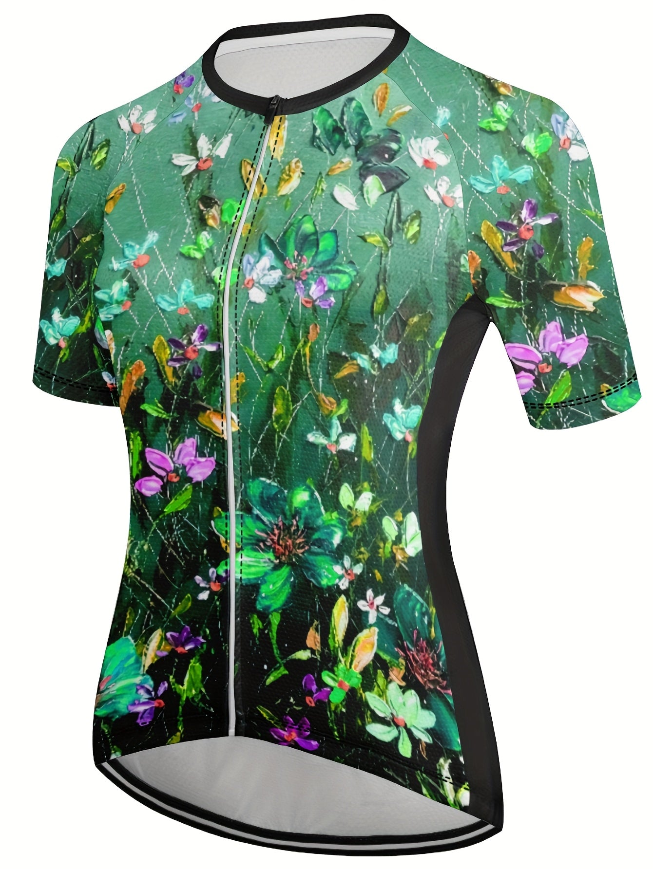 Women'S Floral Print Cycling Jersey, Short Sleeve Bike Top with 3 Rear Pockets, Breathable MTB Road Bike Jacket, Green 3D-Printed Design, Medium Stretch Fabric, Spring/Summer/Fall Sports Wear, Cycling Jacke