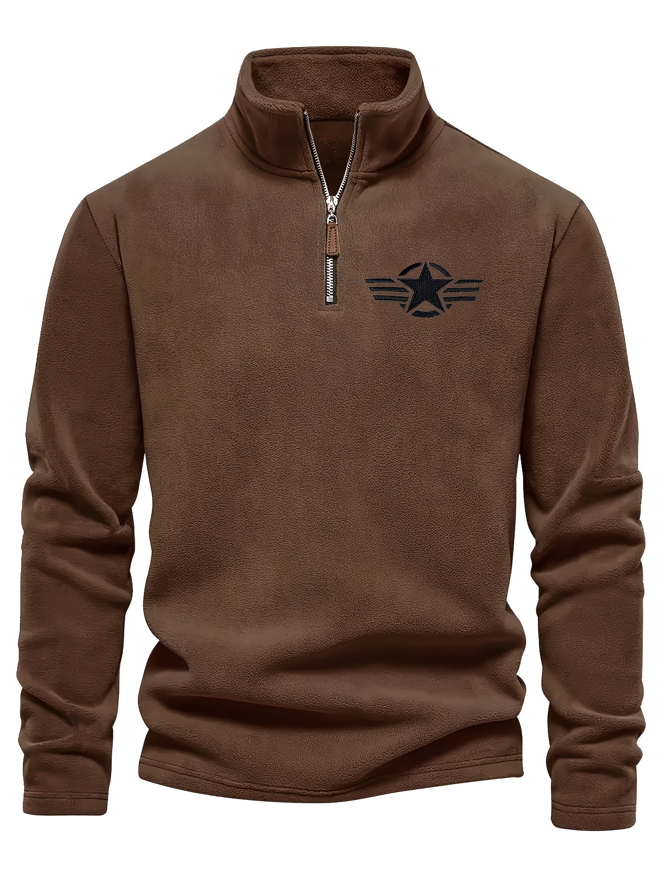 Men'S Classic Black Fleece Pullover with Star Logo - Stand Collar, Long Sleeve, Zip-Up, Casual Style, Perfect for Fall, Casual Wear|Stylish Pullover|Zippered Top