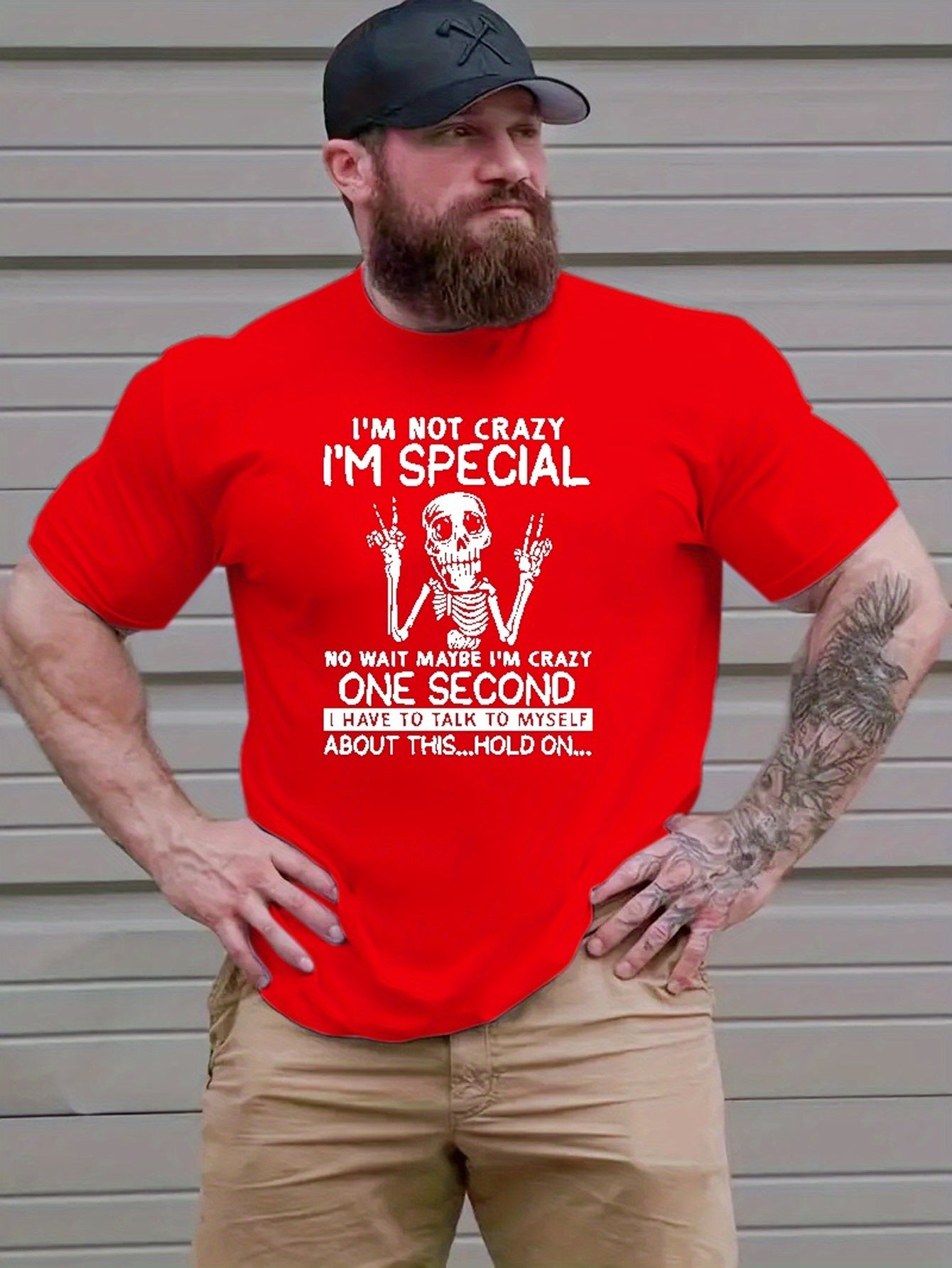 Everyday Comfort| Men's Casual Polyester T-Shirt | Vibrant Red with Humorous Skeleton Graphic | Round Neck, Short Sleeve | Stretchy & Breathable | All-Season Comfort Fit | Machine Washable | Bold Statement Tee for Casual Atti