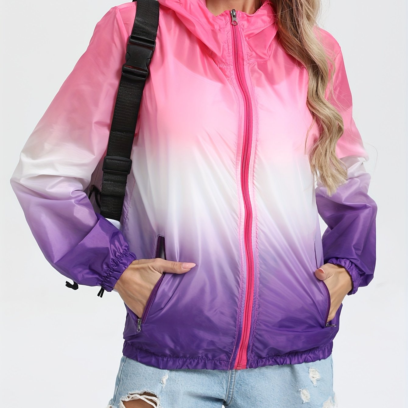 Women'S Lightweight Hooded Jacket with Gradient Color, Printed Design, And Zippered Pockets for Outdoor Use.