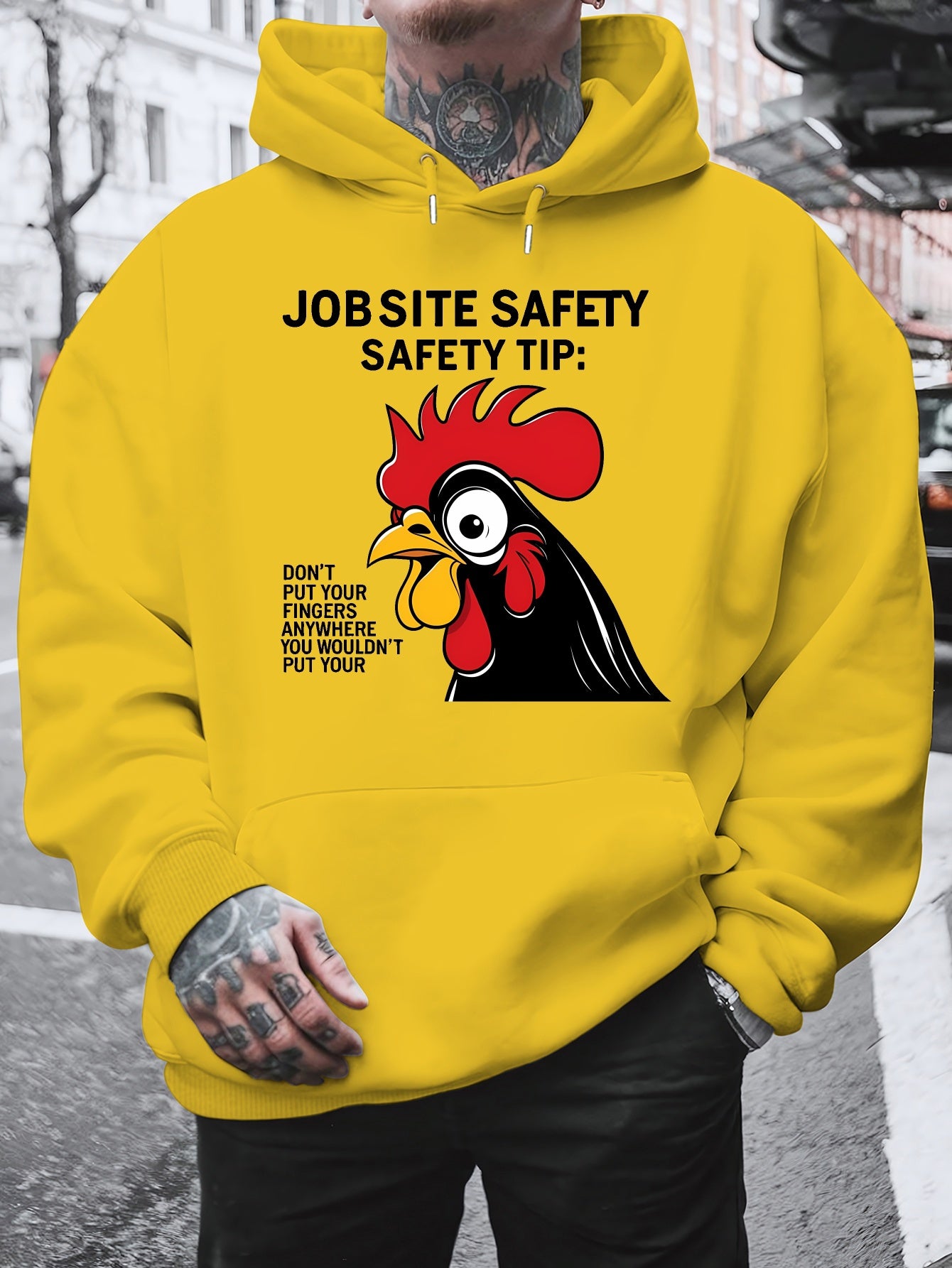 Men'S Plus Size Hoodie - "Jobsite Safety" Safety Tip Graphic with Rooster, Black with White Text, Casual Plush Pullover for Fall & Winter, Dalian Hat Fashion Brand, Fall Winter Apparel | Playful Graphic Hoodie | Plush Polyest