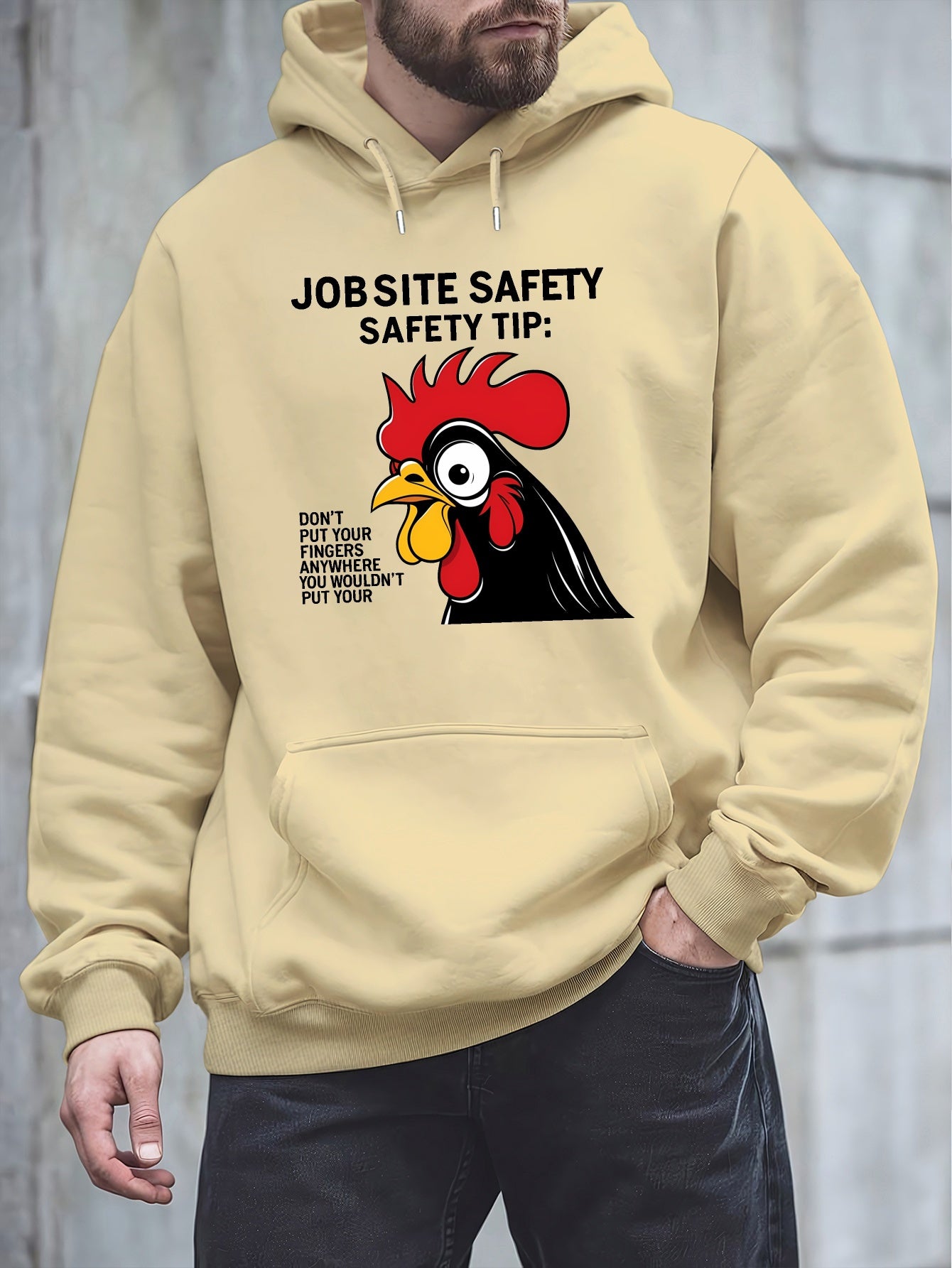 Men'S Plus Size Hoodie - "Jobsite Safety" Safety Tip Graphic with Rooster, Black with White Text, Casual Plush Pullover for Fall & Winter, Dalian Hat Fashion Brand, Fall Winter Apparel | Playful Graphic Hoodie | Plush Polyest