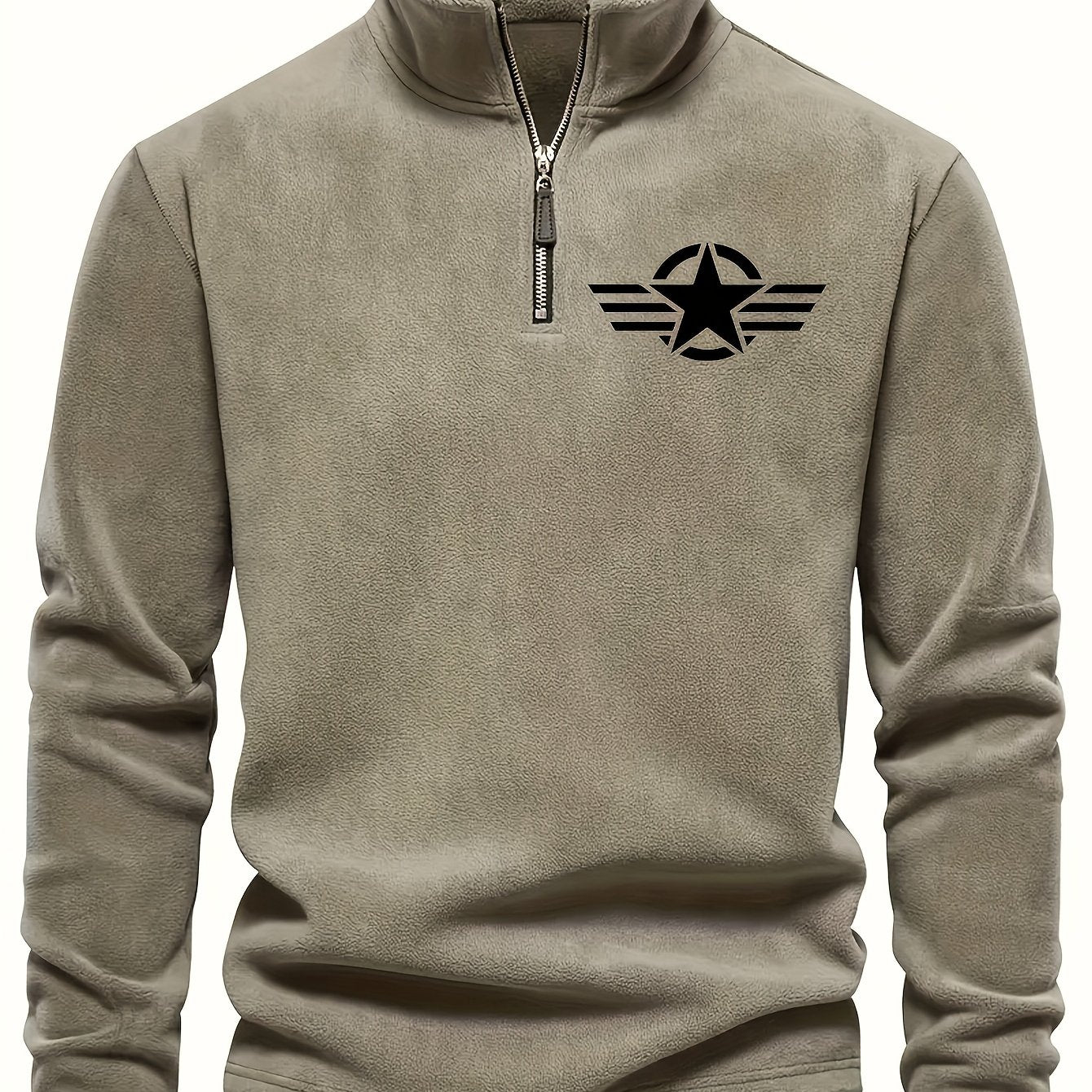 Men'S Classic Black Fleece Pullover with Star Logo - Stand Collar, Long Sleeve, Zip-Up, Casual Style, Perfect for Fall, Casual Wear|Stylish Pullover|Zippered Top