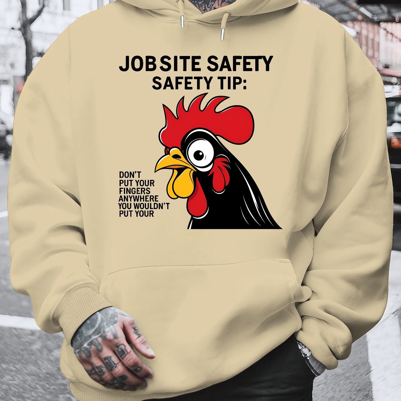 Men'S Plus Size Hoodie - "Jobsite Safety" Safety Tip Graphic with Rooster, Black with White Text, Casual Plush Pullover for Fall & Winter, Dalian Hat Fashion Brand, Fall Winter Apparel | Playful Graphic Hoodie | Plush Polyest
