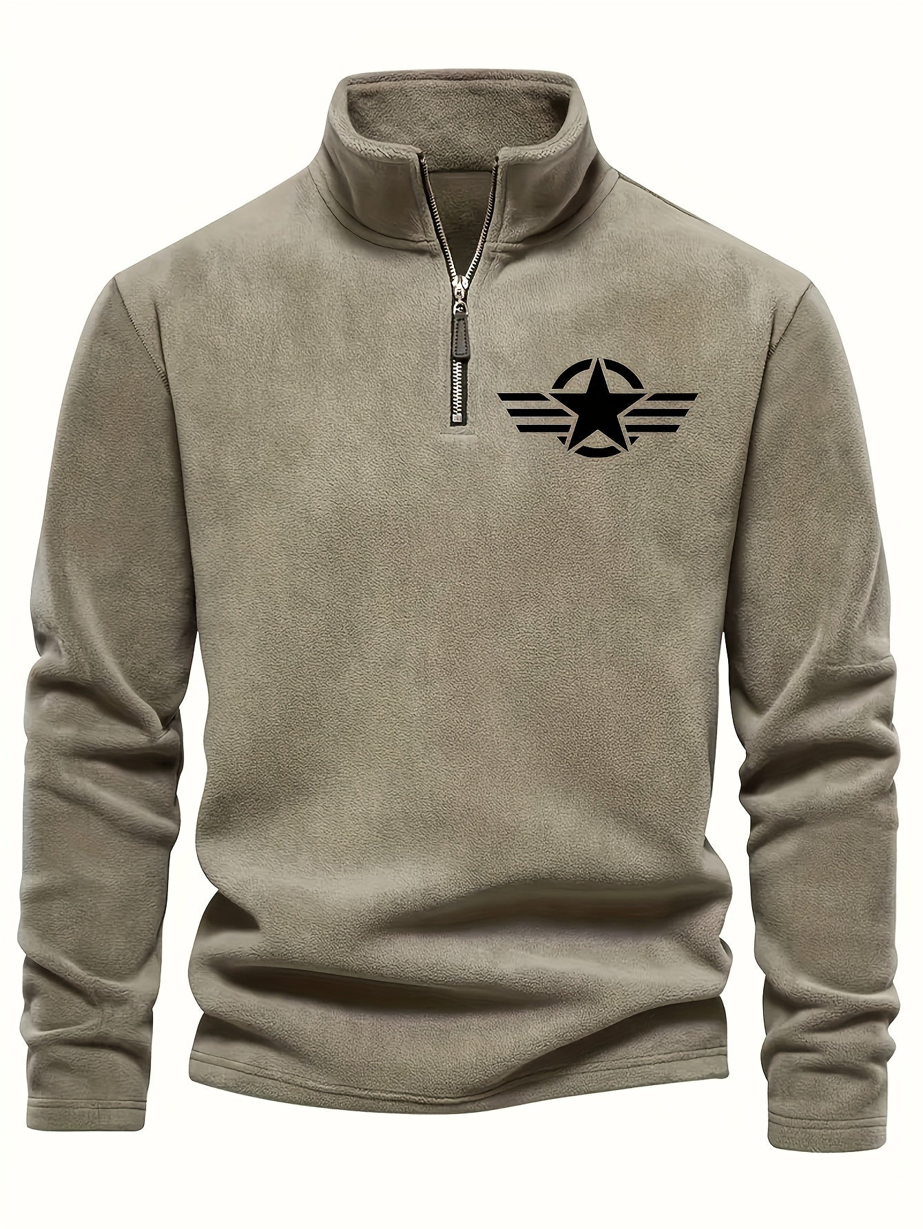 Men'S Classic Black Fleece Pullover with Star Logo - Stand Collar, Long Sleeve, Zip-Up, Casual Style, Perfect for Fall, Casual Wear|Stylish Pullover|Zippered Top