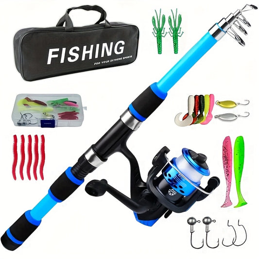 Portable Telescopic Fishing Rod with a Rotating Reel And Bait Hooks for Travel, Complete Rod Kit with Bait Tackle Set And Hook Storage Bag, Soft Bait T-Tail Pre-Wound Reel Set, Packed in a Suitcase.