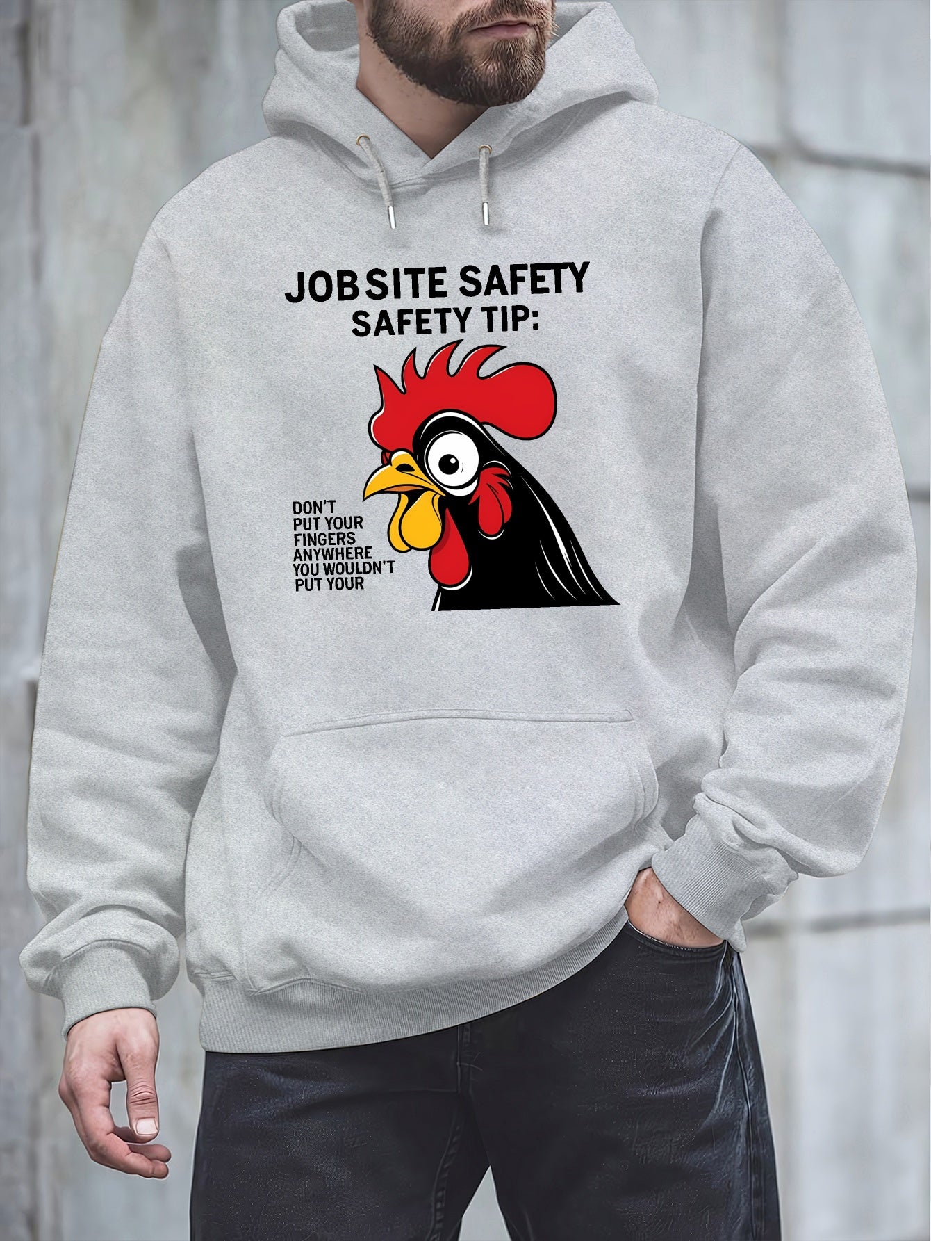 Men'S Plus Size Hoodie - "Jobsite Safety" Safety Tip Graphic with Rooster, Black with White Text, Casual Plush Pullover for Fall & Winter, Dalian Hat Fashion Brand, Fall Winter Apparel | Playful Graphic Hoodie | Plush Polyest