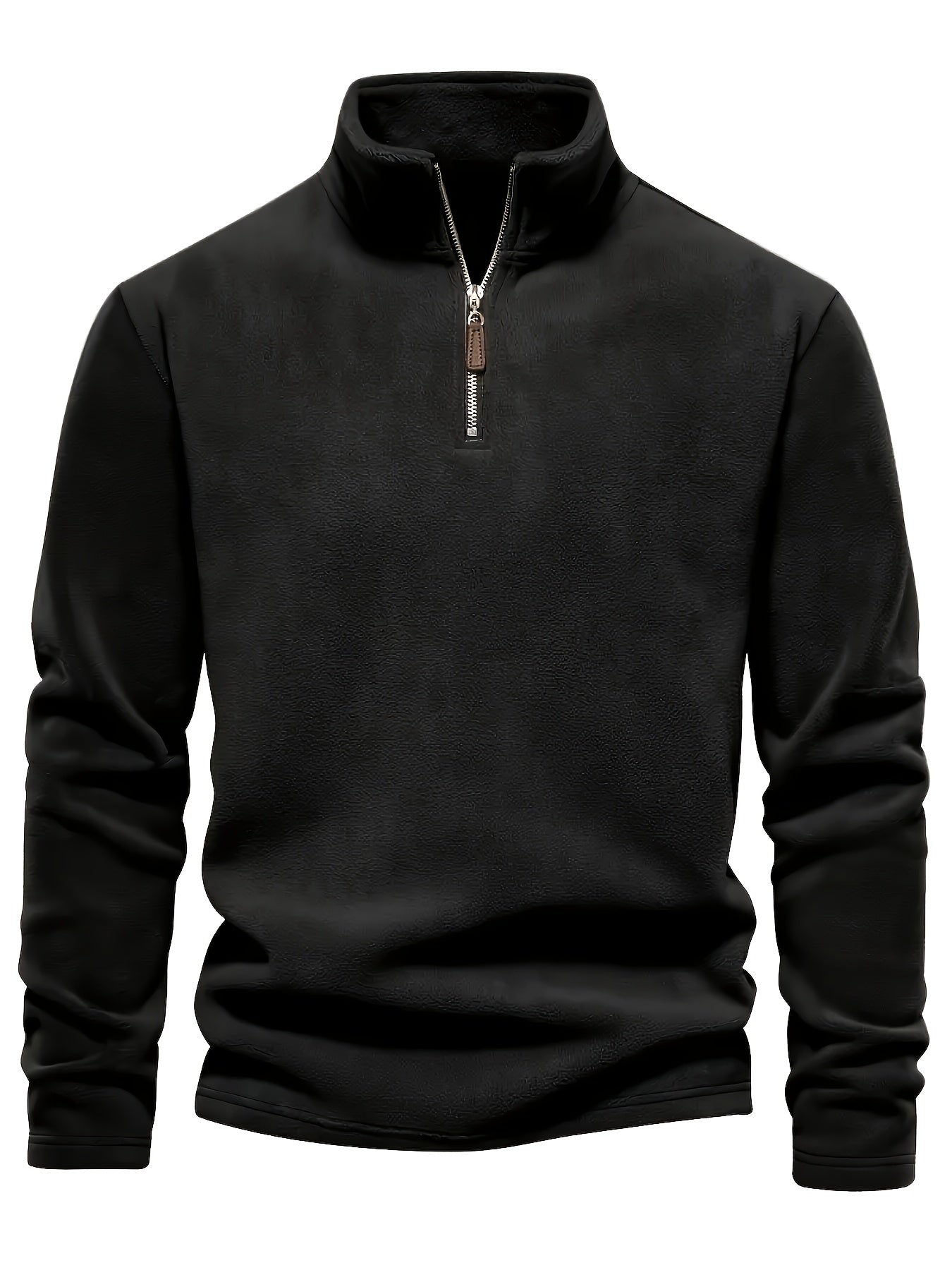 Men'S Classic Black Fleece Pullover with Star Logo - Stand Collar, Long Sleeve, Zip-Up, Casual Style, Perfect for Fall, Casual Wear|Stylish Pullover|Zippered Top