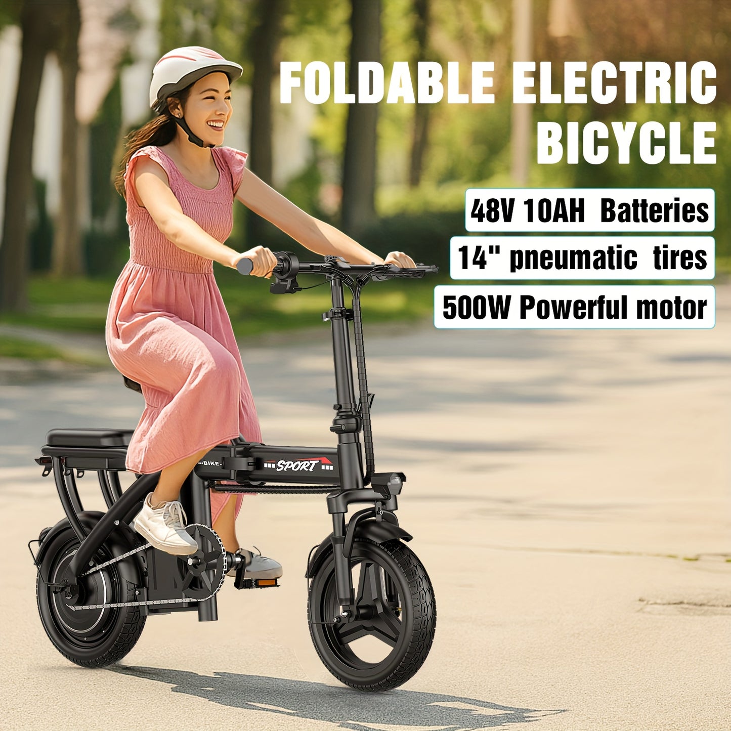 This Folding Electric Bike Features a Powerful 500-Watt Motor, Capable of Reaching Speeds of 25 Miles Per Hour. It Comes with 14-Inch Tires And a Detachable 48-Volt 10 Amp-Hour Battery, Making It Ideal for Adults Commuting in