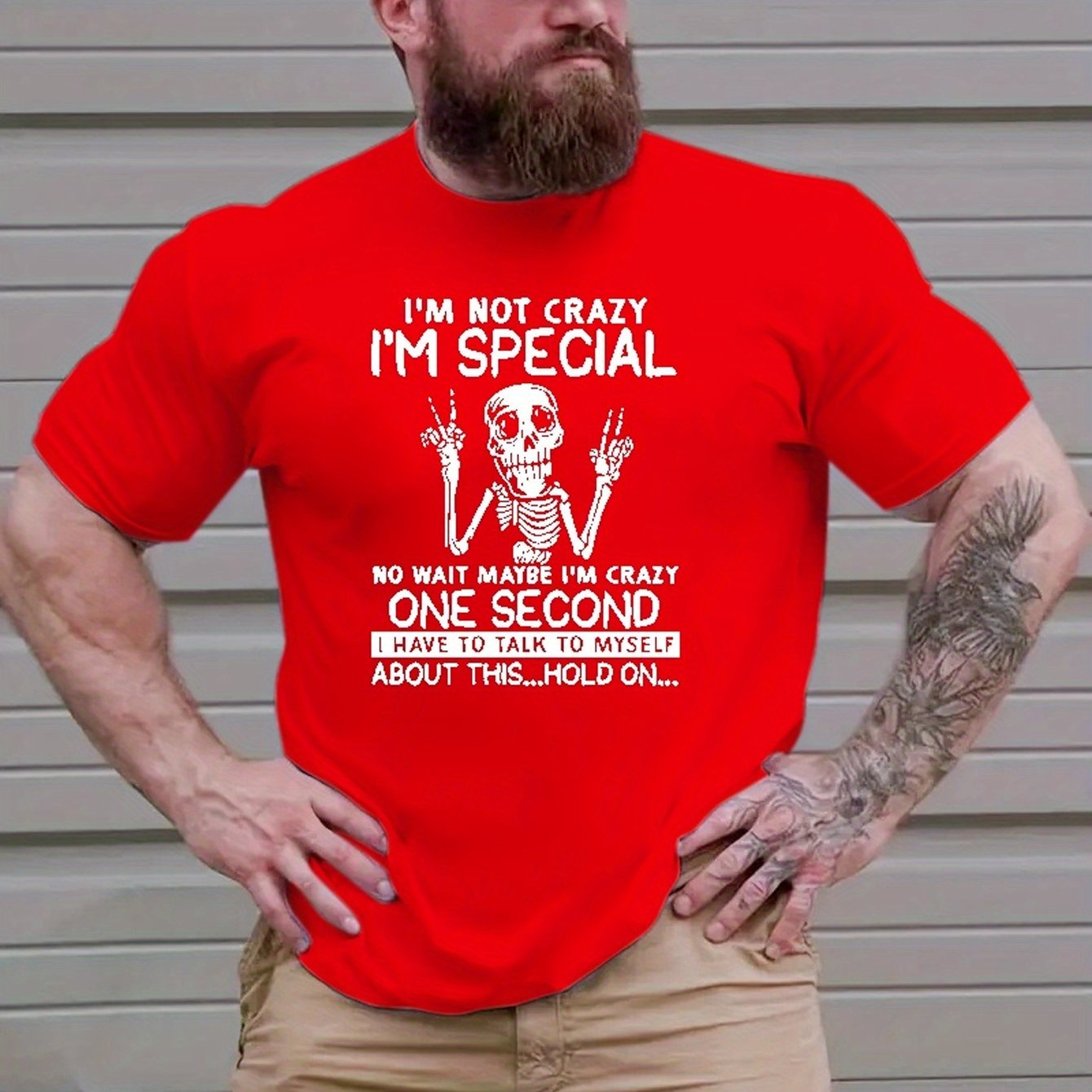 Everyday Comfort| Men's Casual Polyester T-Shirt | Vibrant Red with Humorous Skeleton Graphic | Round Neck, Short Sleeve | Stretchy & Breathable | All-Season Comfort Fit | Machine Washable | Bold Statement Tee for Casual Atti