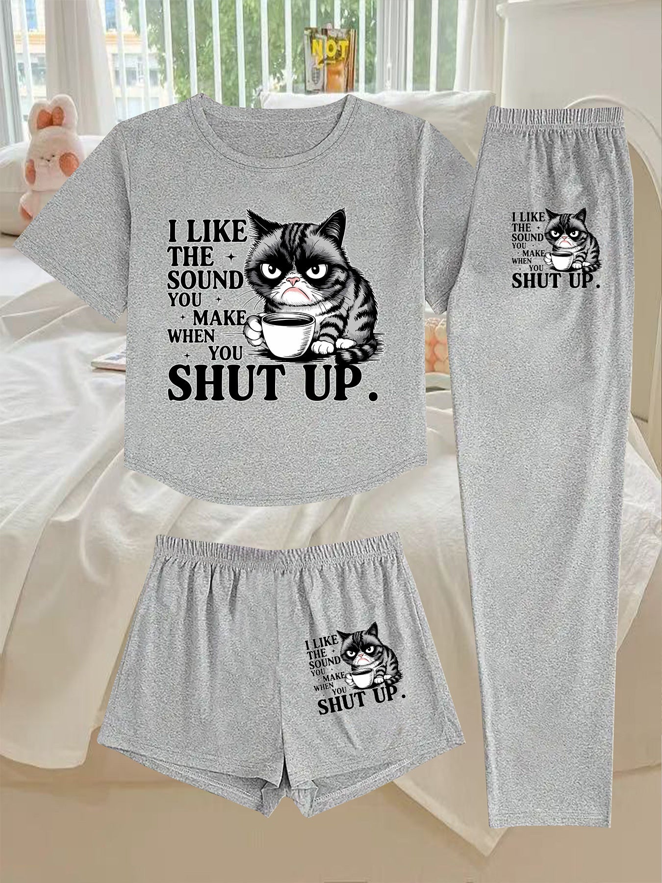 Women'S 3pcs Set - "I Like the Sound of the Cat" Print, Comfortable Sleepwear with Shorts and Long Pants, Casual Crew Neck, Spring/Summer Collection, Casual Wear|Playful Print|Comfortable Fit, Pajamas for Women