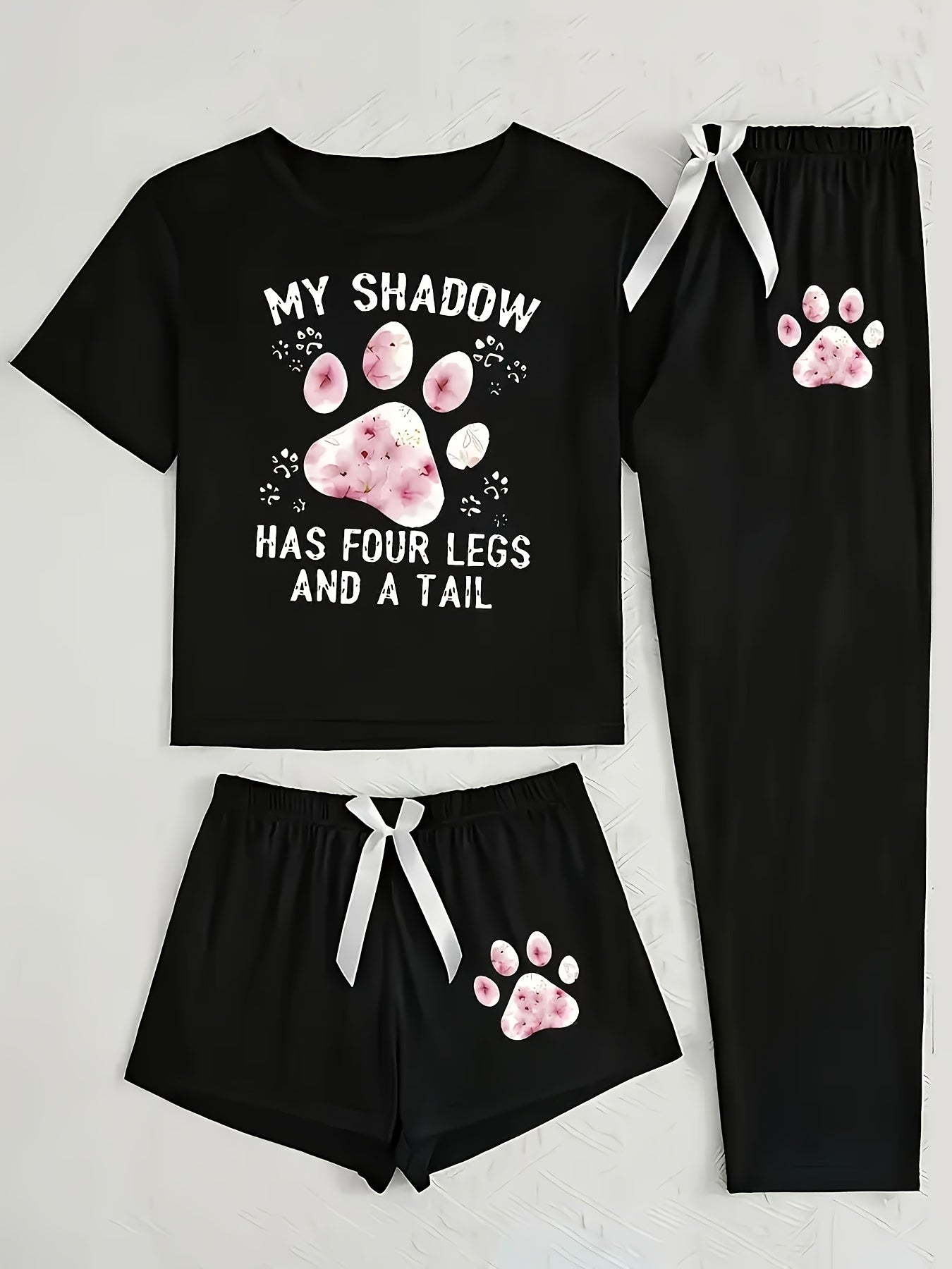 Fashionable 3pcs Unique Design Print Women'S Pajamas, Home Wear, Short Sleeve Long Pants Shorts