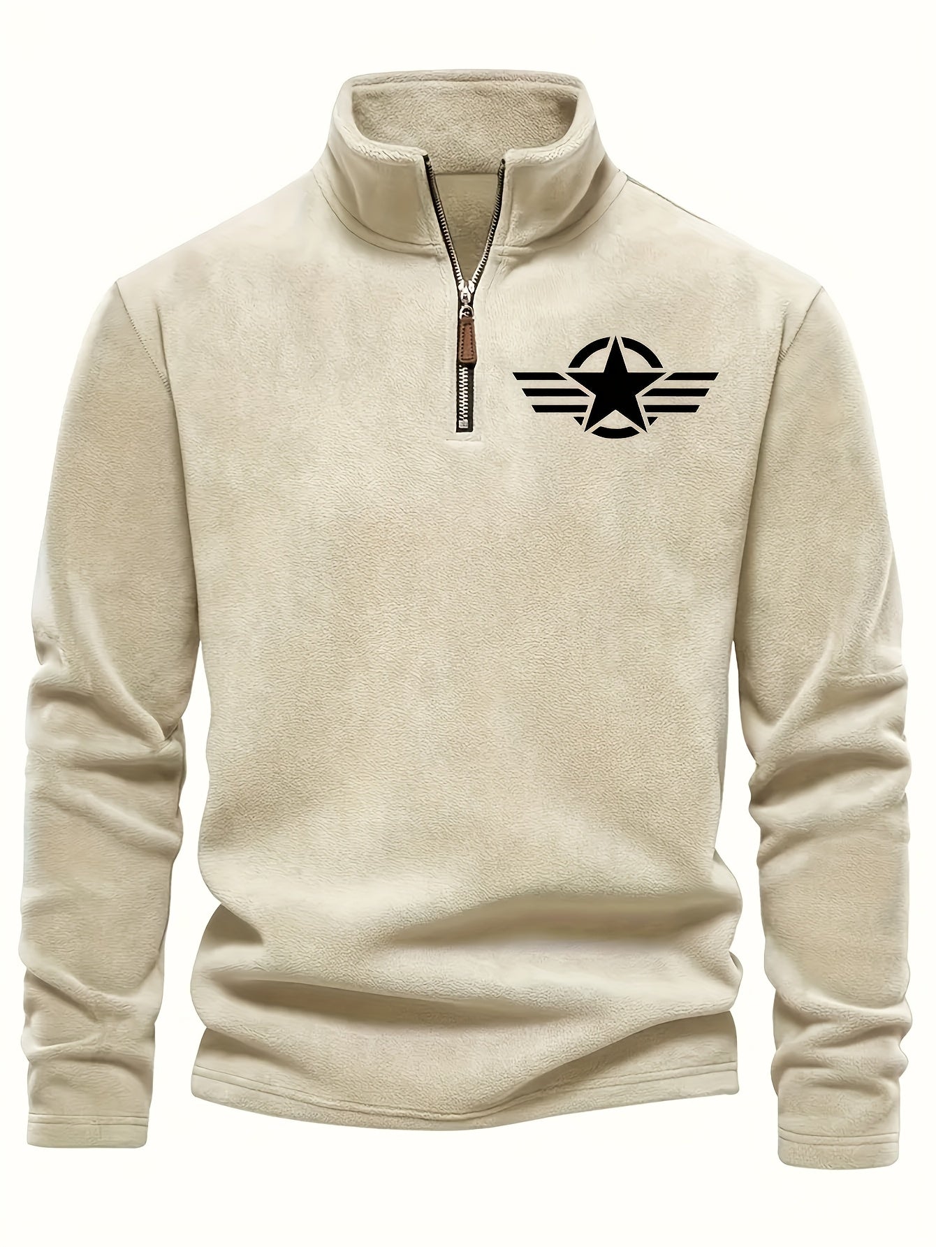 Men'S Classic Black Fleece Pullover with Star Logo - Stand Collar, Long Sleeve, Zip-Up, Casual Style, Perfect for Fall, Casual Wear|Stylish Pullover|Zippered Top