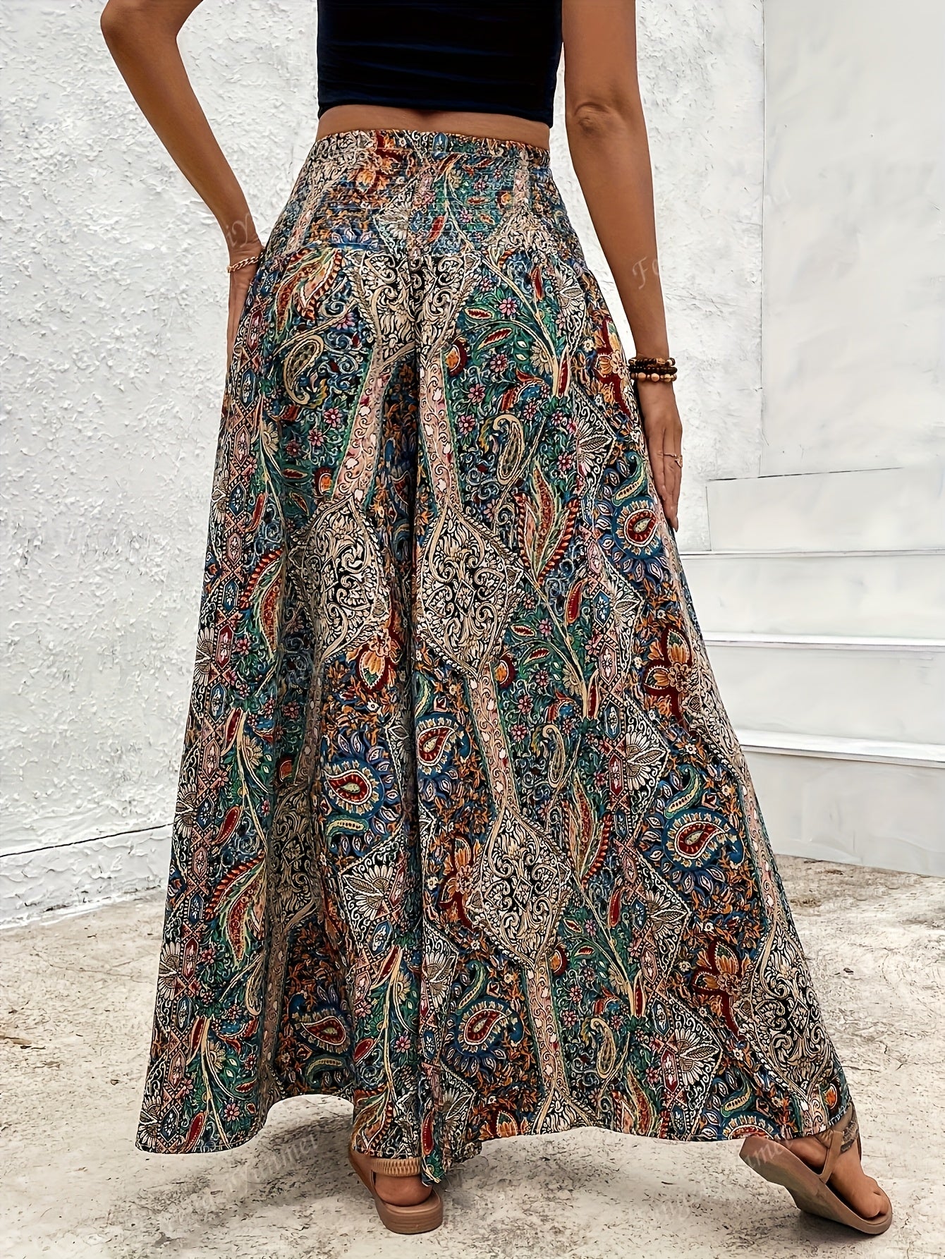 Women's Elegant Paisley Wide-Leg Trousers - High-Waisted Bohemian Pants with Smock Waist & , All-Season Non-Stretch Tailored Fit (Hand Washable) for Casual & Formal Wear - Scottish Tartan-Inspired Design
