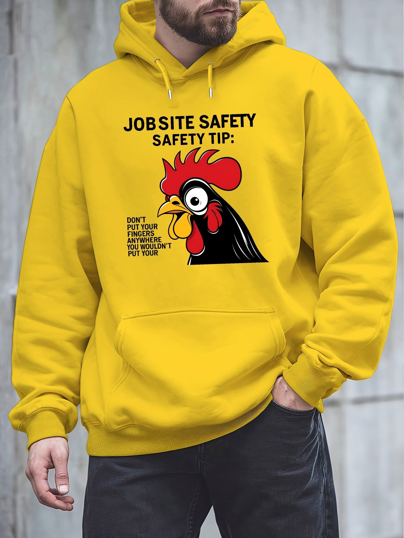 Men'S Plus Size Hoodie - "Jobsite Safety" Safety Tip Graphic with Rooster, Black with White Text, Casual Plush Pullover for Fall & Winter, Dalian Hat Fashion Brand, Fall Winter Apparel | Playful Graphic Hoodie | Plush Polyest