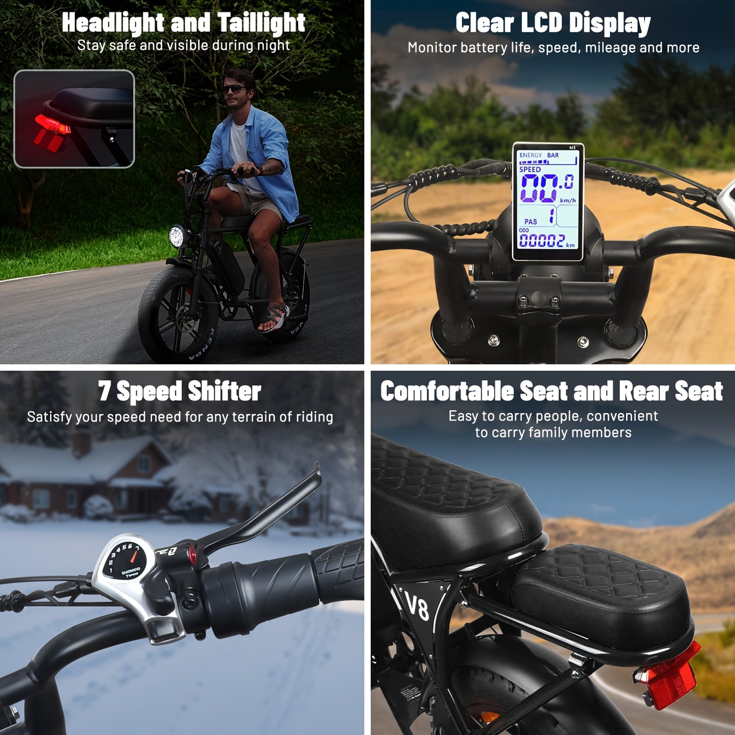 1-Pedal /Electric Bike - Heavy-Duty All-Terrain 20" Tire Electric Mountain Bike with 740W Motor, 48V 15Ah Removable Battery, 7-Speed Gear System, Front/Rear Disc Brakes, Global Voltage 100-240V, Global Plug Compatibility, All