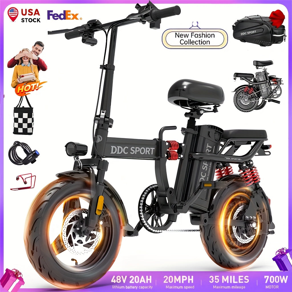 M1 Electric Bicycle for Adults Featuring a Basket, (960Wh)700W Peak Motor, 32 Miles Range, 20MPH Commuter E-Bike with 48V 20AH Removable Battery, 14" All-Purpose Tire, 385 Lbs Capacity, LCD Display & Dual Disc Brake, 11-Shock