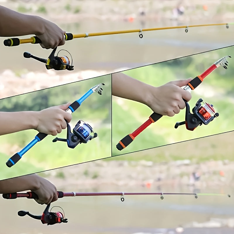 Portable Telescopic Fishing Rod with a Rotating Reel And Bait Hooks for Travel, Complete Rod Kit with Bait Tackle Set And Hook Storage Bag, Soft Bait T-Tail Pre-Wound Reel Set, Packed in a Suitcase.