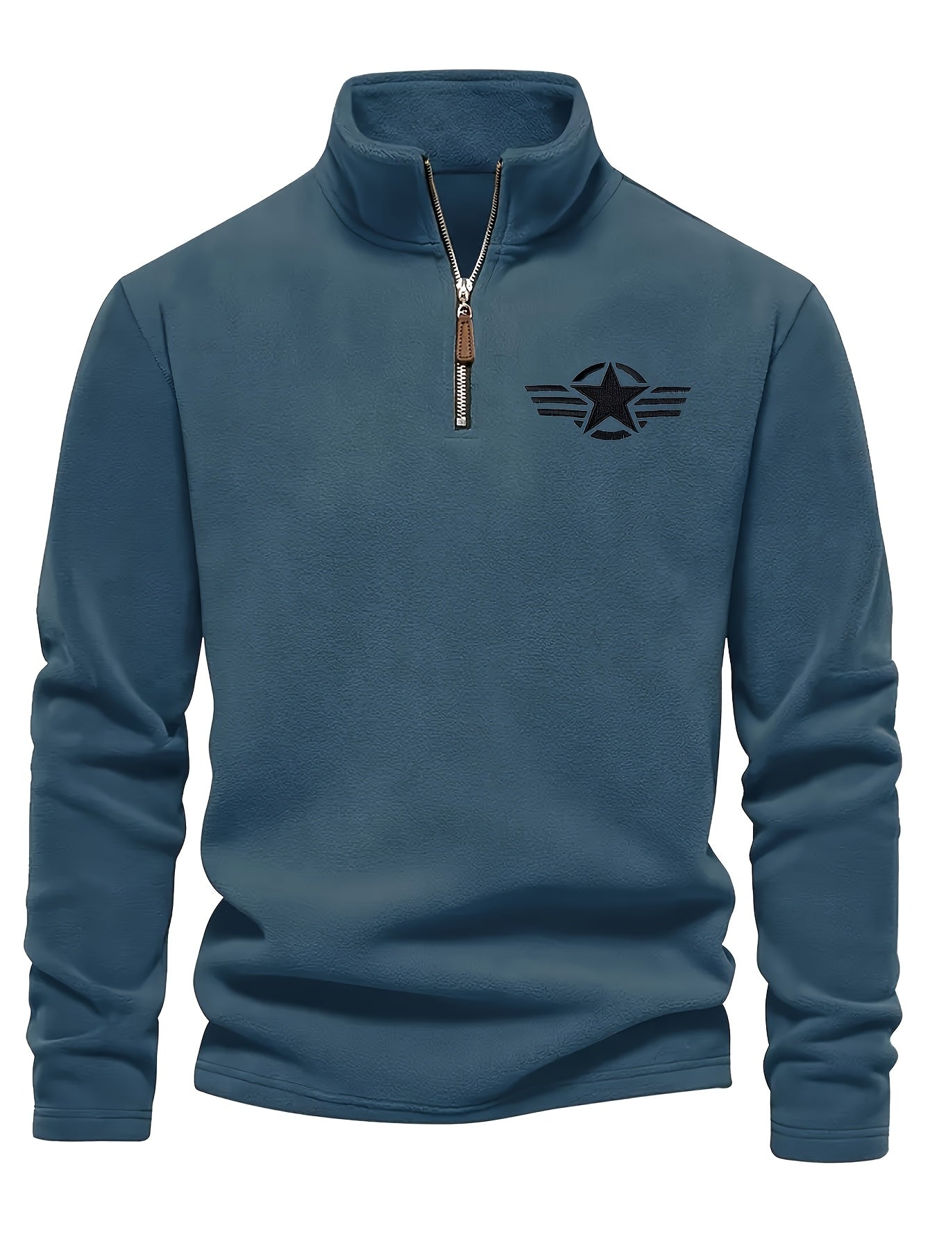 Men'S Classic Black Fleece Pullover with Star Logo - Stand Collar, Long Sleeve, Zip-Up, Casual Style, Perfect for Fall, Casual Wear|Stylish Pullover|Zippered Top