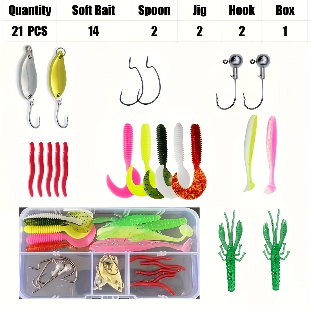 Portable Telescopic Fishing Rod with a Rotating Reel And Bait Hooks for Travel, Complete Rod Kit with Bait Tackle Set And Hook Storage Bag, Soft Bait T-Tail Pre-Wound Reel Set, Packed in a Suitcase.