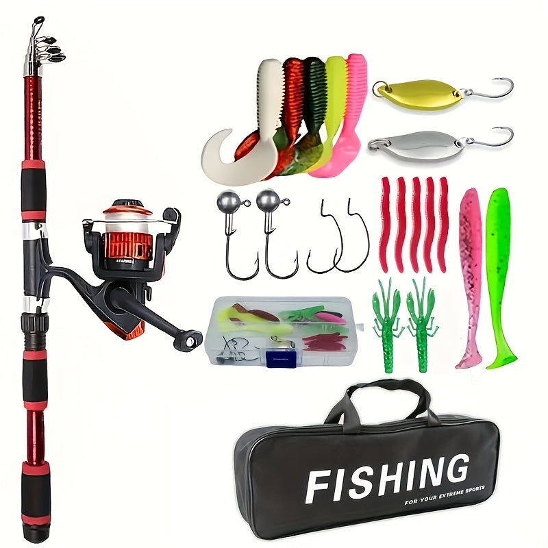 Portable Telescopic Fishing Rod with a Rotating Reel And Bait Hooks for Travel, Complete Rod Kit with Bait Tackle Set And Hook Storage Bag, Soft Bait T-Tail Pre-Wound Reel Set, Packed in a Suitcase.
