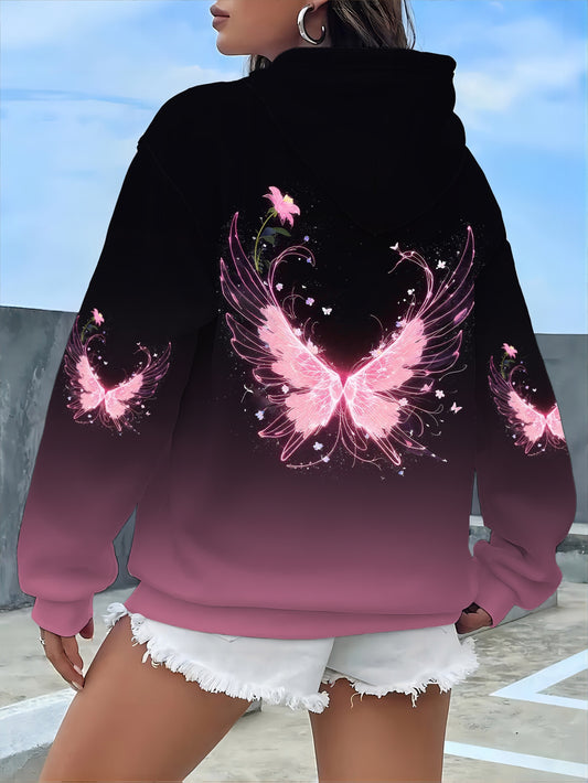 Sweet and cool dreamy style gradient pink butterfly print hooded sweatshirt for women, casual and versatile top for autumn and winter, 100% polyester | Machine washable