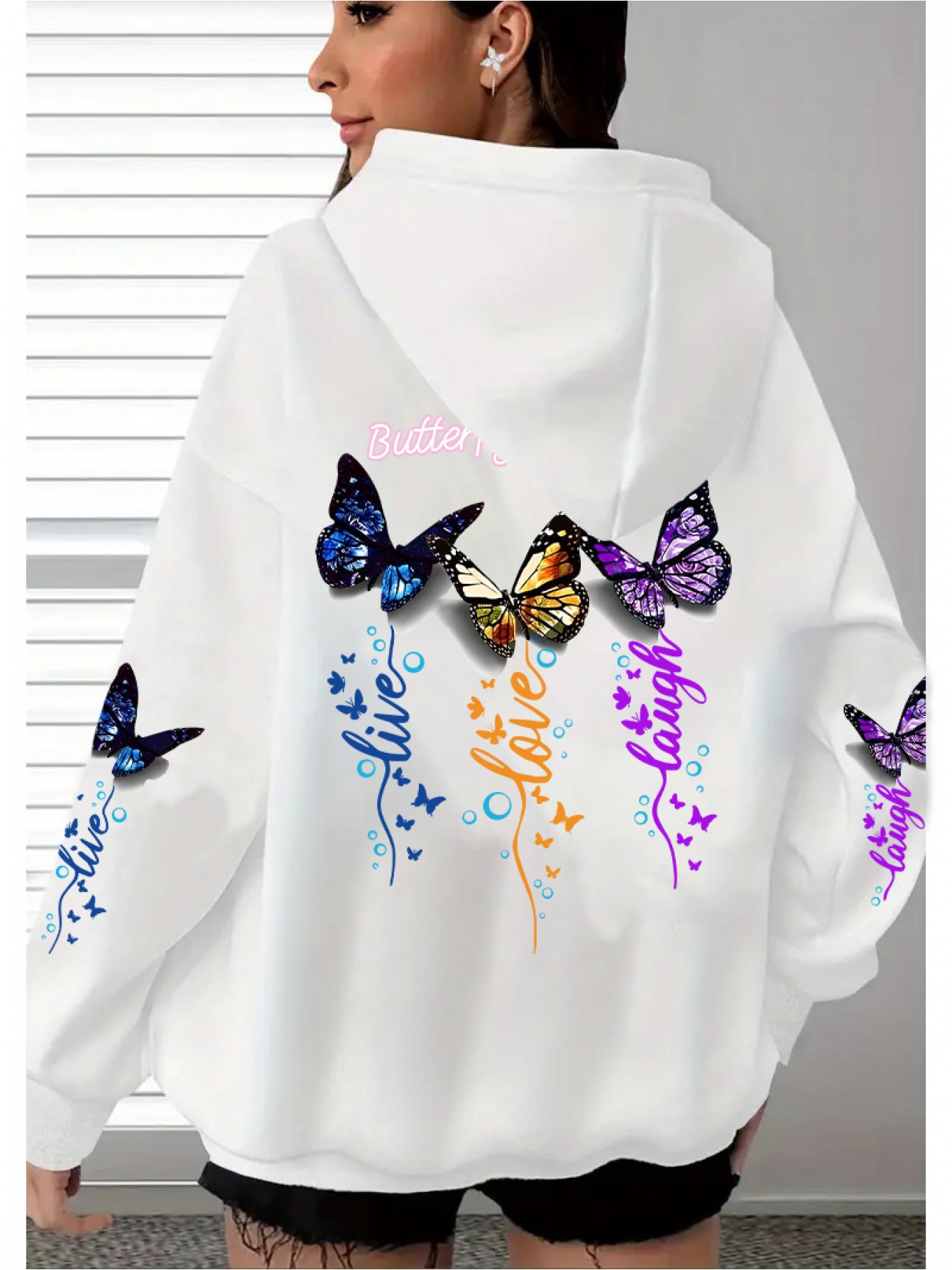 Women's Elegant Butterfly Print Hooded Sweatshirt with Drawstring Hood & Pocket - White Long Sleeve Casual Pullover, Multicolor Butterfly Design, Machine Washable, Fall Winter Warmth, Soft Fabric for Casual Attire & Special O