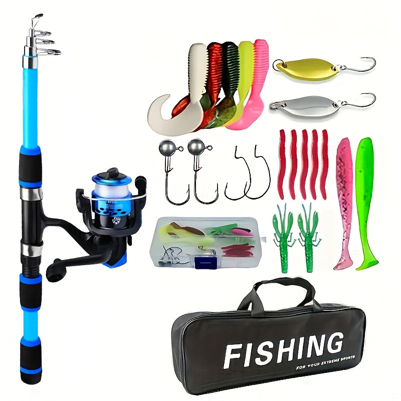 Portable Telescopic Fishing Rod with a Rotating Reel And Bait Hooks for Travel, Complete Rod Kit with Bait Tackle Set And Hook Storage Bag, Soft Bait T-Tail Pre-Wound Reel Set, Packed in a Suitcase.