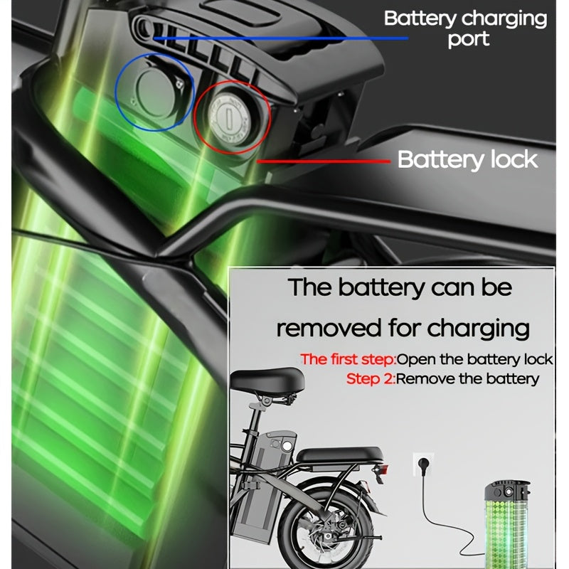 14 Inch Foldable Electric Bicycle, Clearance Dealership, 330 Pound Load-bearing Capacity, Max Speed Of 20 MPH, 48V Lithium Battery, Range Of Approximately 18-28 Miles, Portable Folding Design, Outdoor Cycling Exercise, Urban